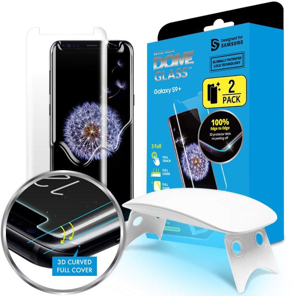 Galaxy S9 Plus Screen Protector, [Dome Glass] Full Coverage 3D Curved Tempered Glass Shield [Liquid Dispersion Tech] Easy Install by Whitestone for Samsung Galaxy S9+ (2018) - 2 Pack