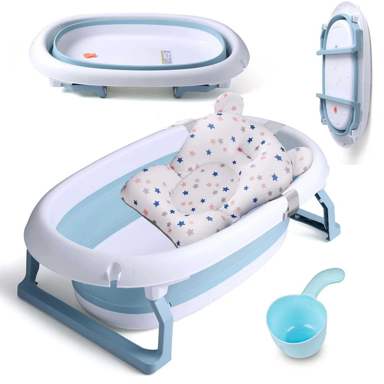 Large Foldable Baby Bathtub (55L), Baby Bath Tub with Cushion Pad, Non-Slip Support Leg, Collapsible Tub for Toddler Baby Kids Bathing - Childrens Travel Shower Bath Tubs | Shampoo Cup