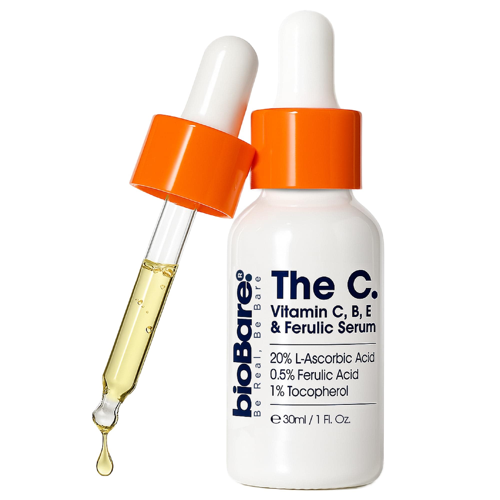 bioBare® Vitamin C, B, E & Ferulic Serum | 20% Pure Vitamin C Facial Serum with Hyaluronic Acid, Niacinamide & Ferulic Acid | L-Ascorbic Acid Serum for Dark Spots, Fine Lines, Wrinkles, Uneven Skin