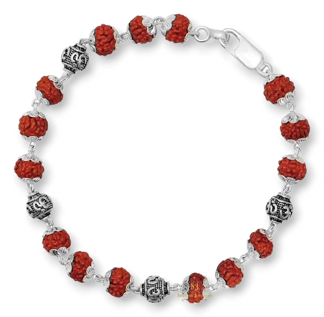 SJ SHUBHAM JEWELLERS™ 925 Sterling Silver Handmade Dual Wire Stylish Rudraksha Bracelet Silver Bracelet Rakhi For Men (Brown, 6 Mm Natural Beads Om Silver Para)