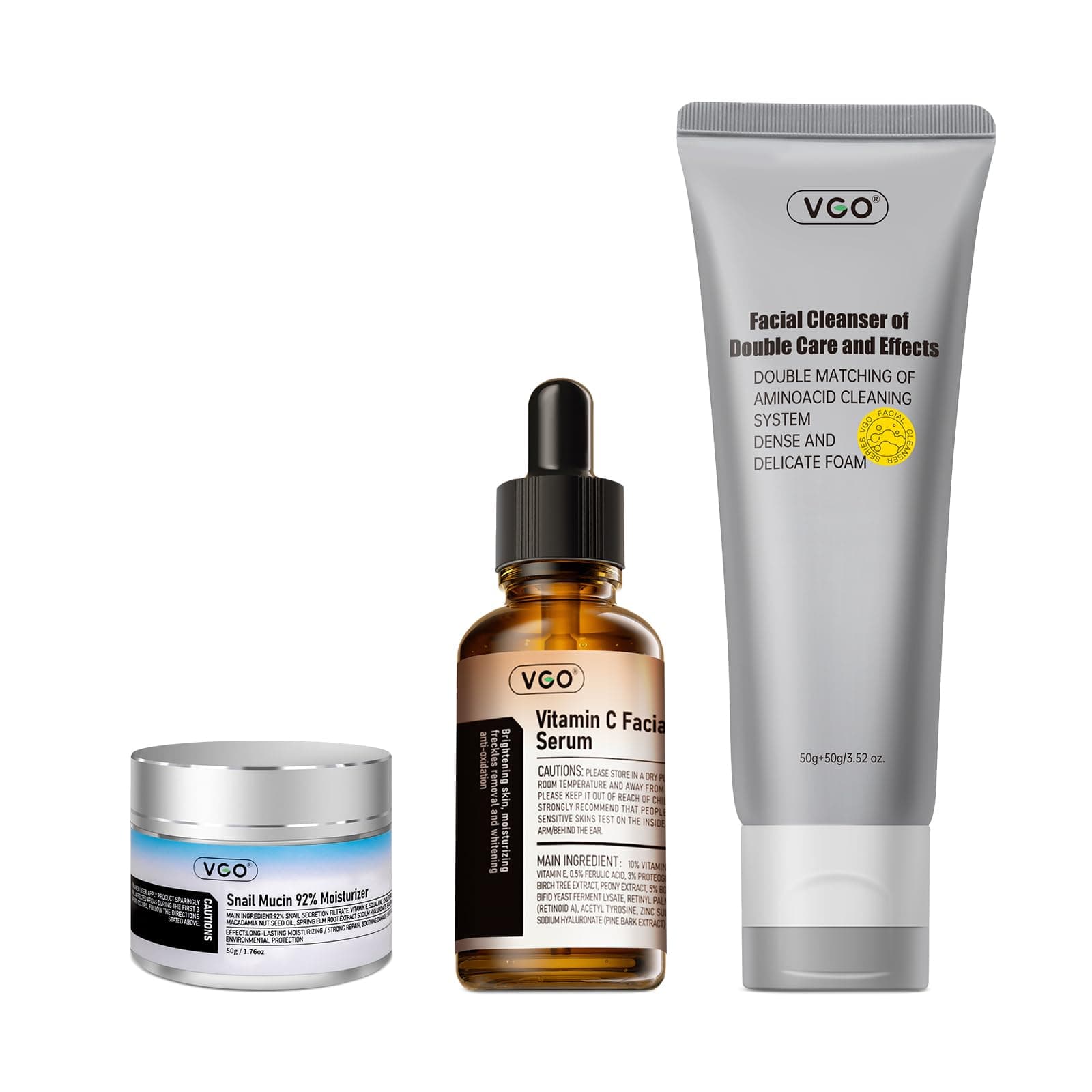 VGO Skin Care Set, with Snail Mucin 92% Moisturizer 1.76 Oz, Vitamin C Serum 1.01 Oz & Dual-Tube Facial Cleanser 3.52 Oz, Daily Routine Kit for Sensitive Skin, Vegan & Cruelty Free