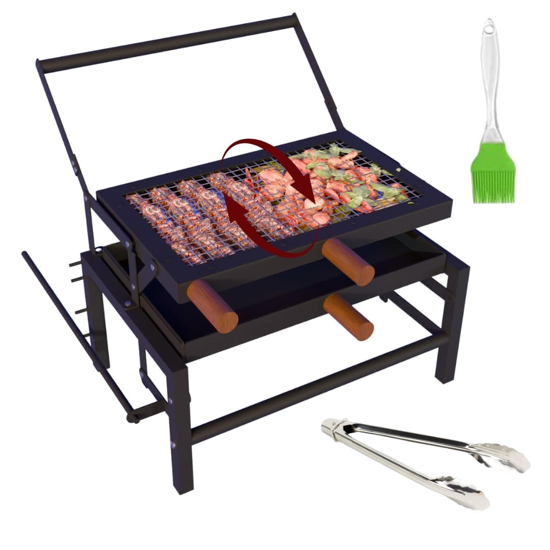 COGO FLIP Large BBQ | Tongs & Oil Brush | Flipping Mechanism | Adjustable 4 Heat Levels | 17 x 22 x 19 inch | Lightweight & Strong Metal Frame | Home Charcoal Grill | Outdoor Barbeque | Colour: Black