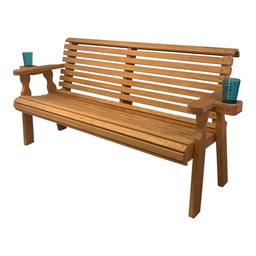 Amish Casual Heavy Duty Pressure Treated 5 Foot Outdoor Garden Bench with Cup Holders - Amish Crafted Roll Back Design in Cedar Stain, 700 Lb Weight Capacity