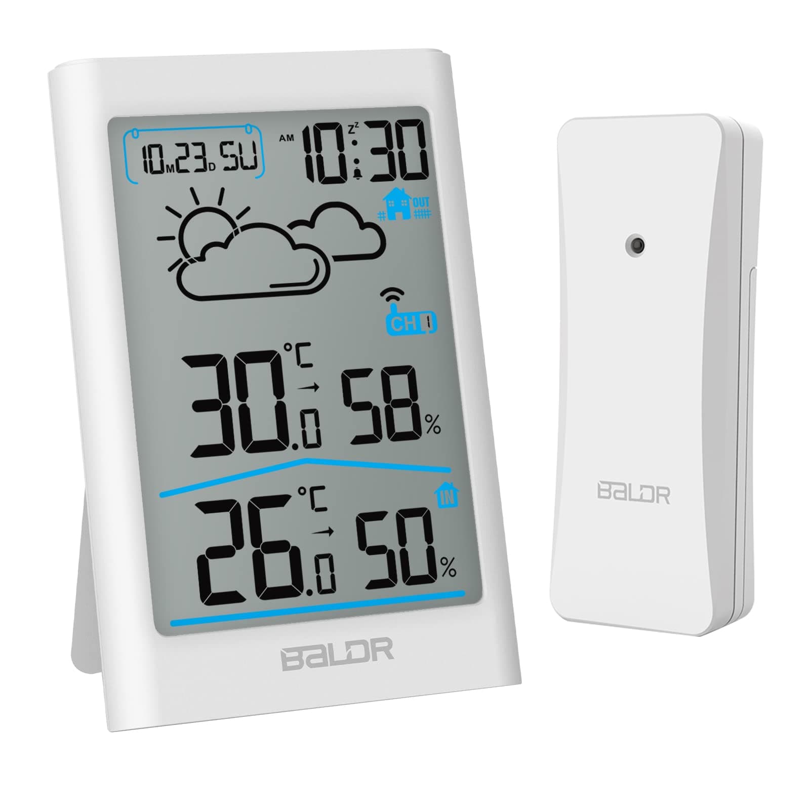 BALDR Wireless Indoor Outdoor Thermometer Digital Hygrometer with Weather Forecast and Large LCD (White)