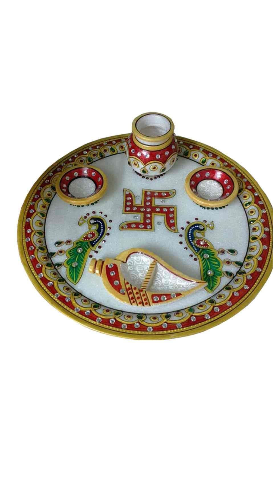 Advance hotline Marble Handmade Printed Pooja thali