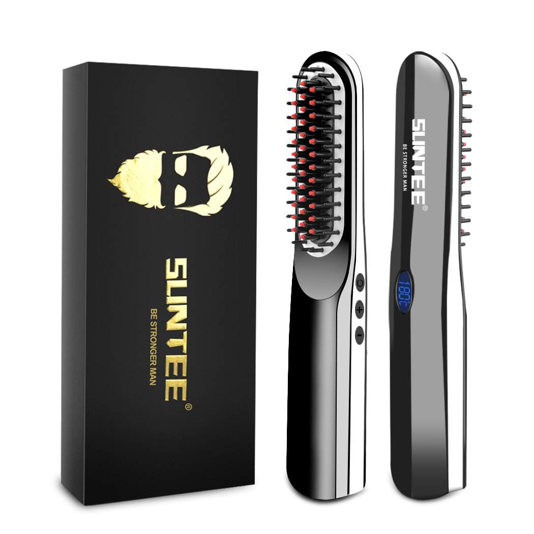 Suntee Beard Straightener for Men, Cordless Beard Straightener Brush with Anti Scald/LED Display/USB Rechargeable for Home & Travel, 3 in 1 Multifunctional Ionic Beard Straightening Heat Brush Comb