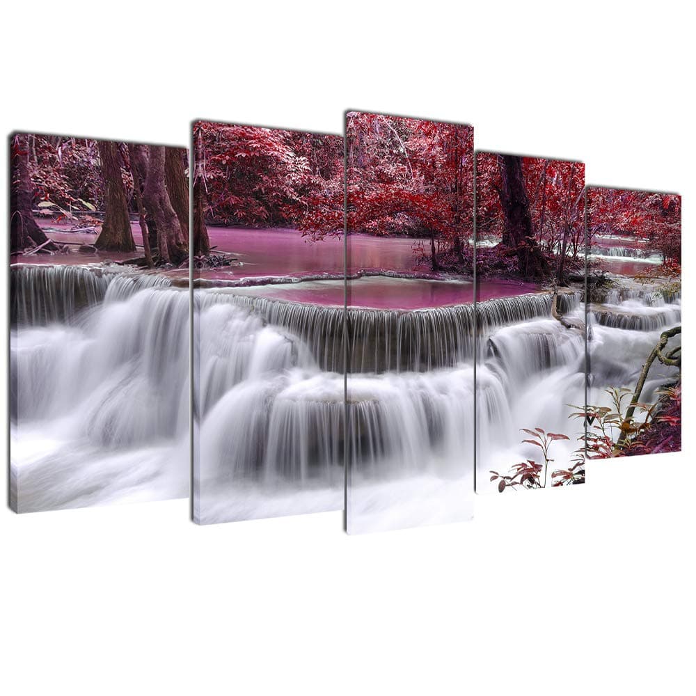 Wallfeeling Arts Dreamlike Waterfall Canvas Print Picture for Living Room Decoration Stretched XLarge 5 Panels Painting Wall Art Print on Pink Canvas- High Definition Modern Home Decor
