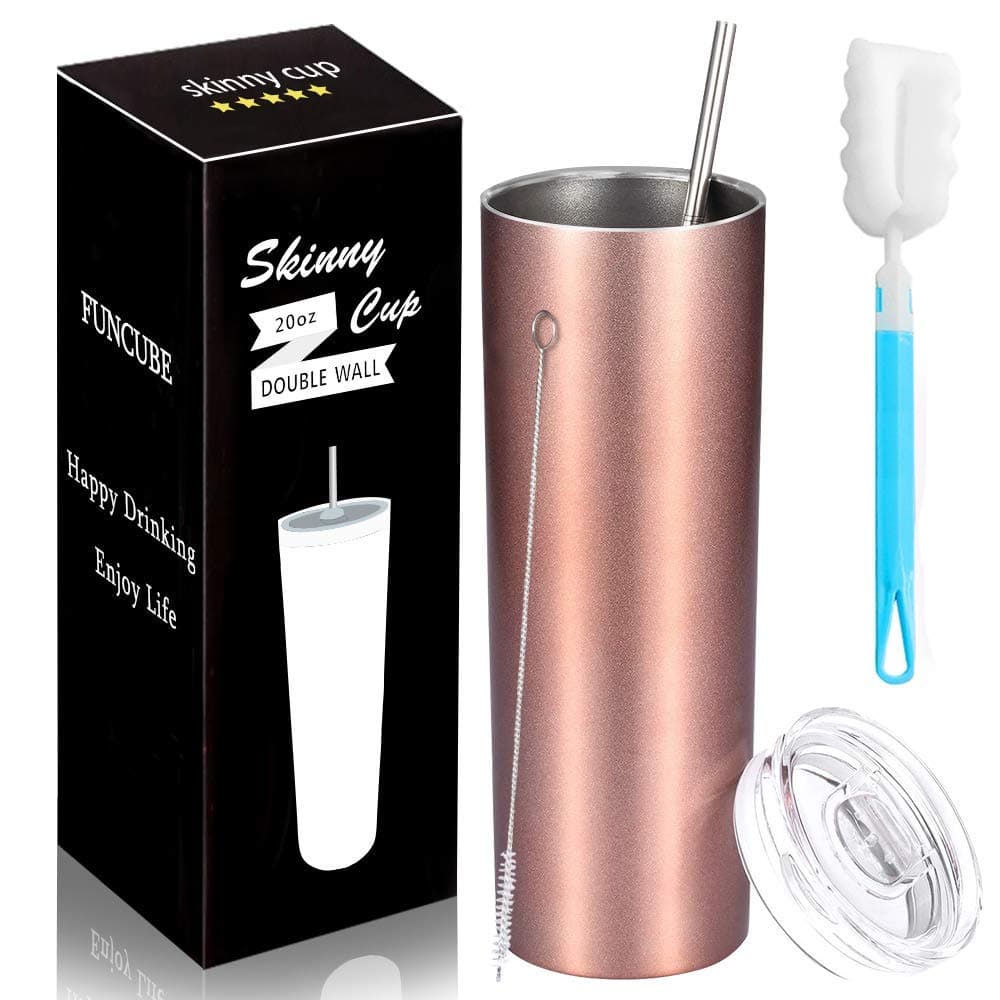 FUNCUBE 20 oz Stainless Steel Water Bottle Double Vacuum Insulated Straight Cup with Lids Straw Sponge Brush Stemless Travel Tumblers Outdoor Straight Tumbler (Rose Gold)