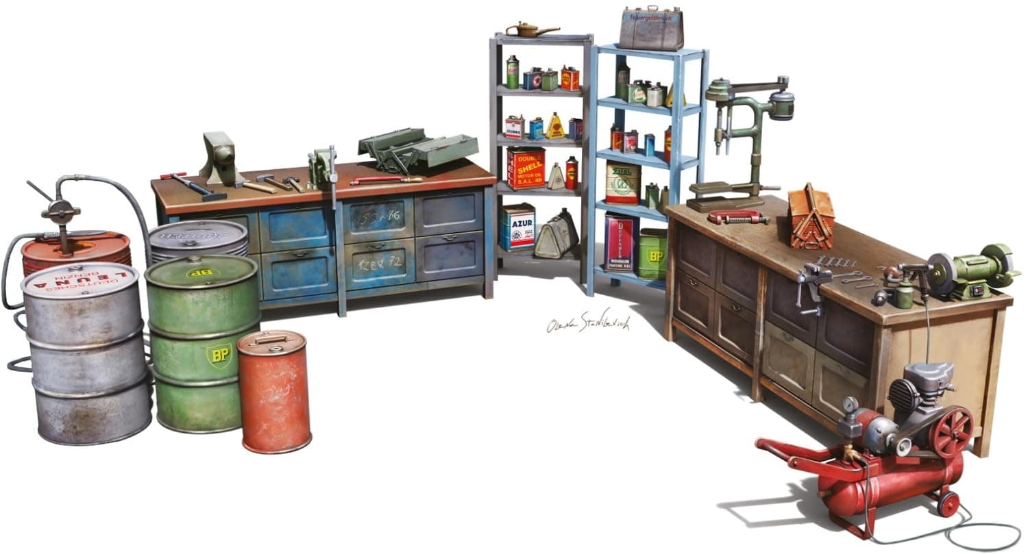 49011 1:48 Workshop Equipment - Faithful Replica, Model Building, Plastic Kit, Crafts, Hobby, Gluing, Model Kit, Assembly, Unpainted, Moulded Colour