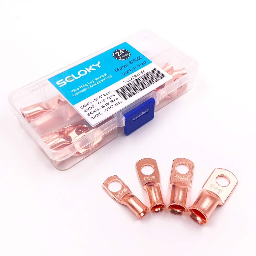 24pcs 4types Heavy Duty Wire Lugs Battery Cable Closed Ends Bare Copper Eyelets Tubular Ring Terminal Connectors Assortment Kit