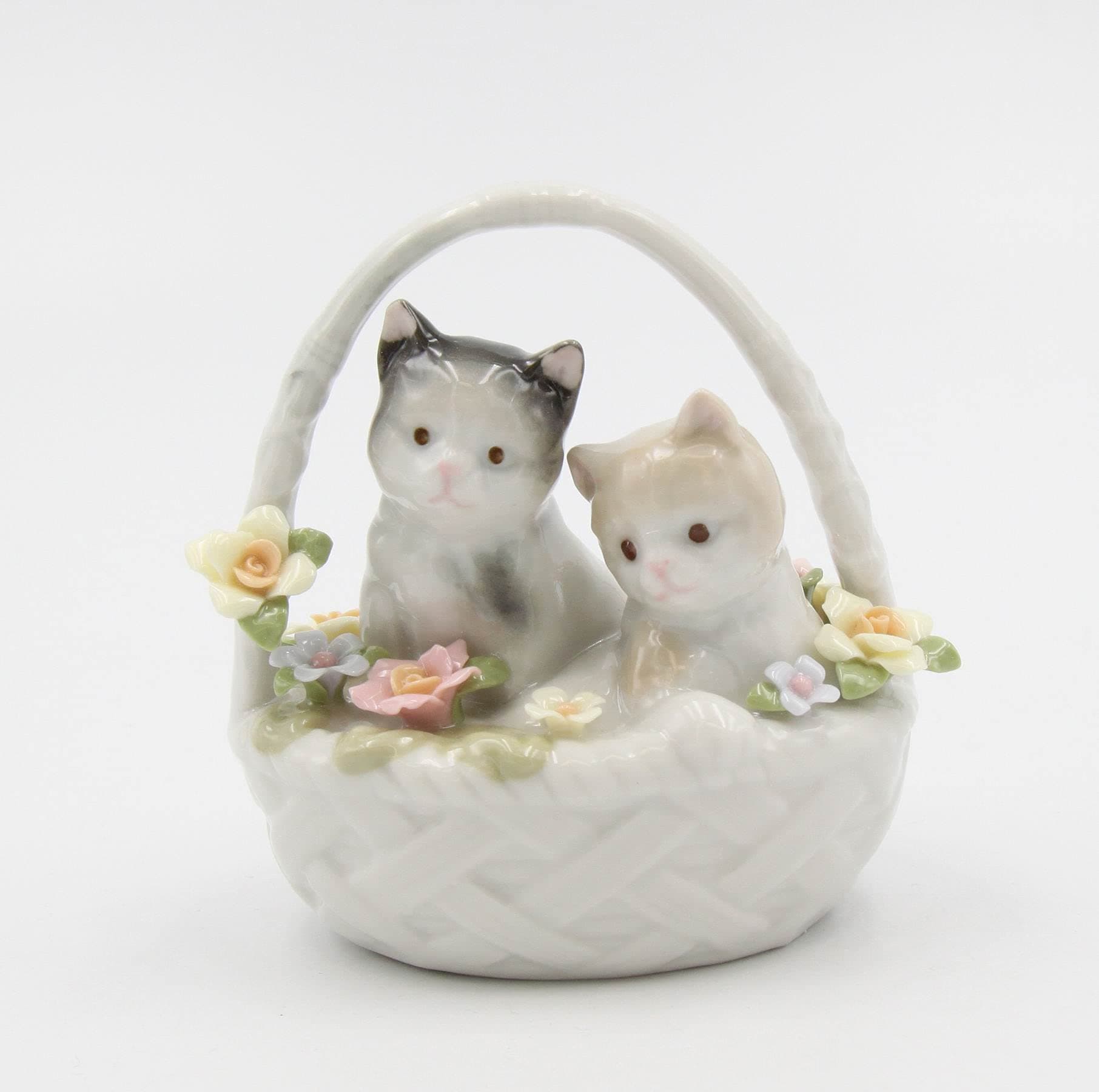 10189 Fine Porcelain Cats Kittens in Basket with Roses Flowers Figurine, 3-3/4" H