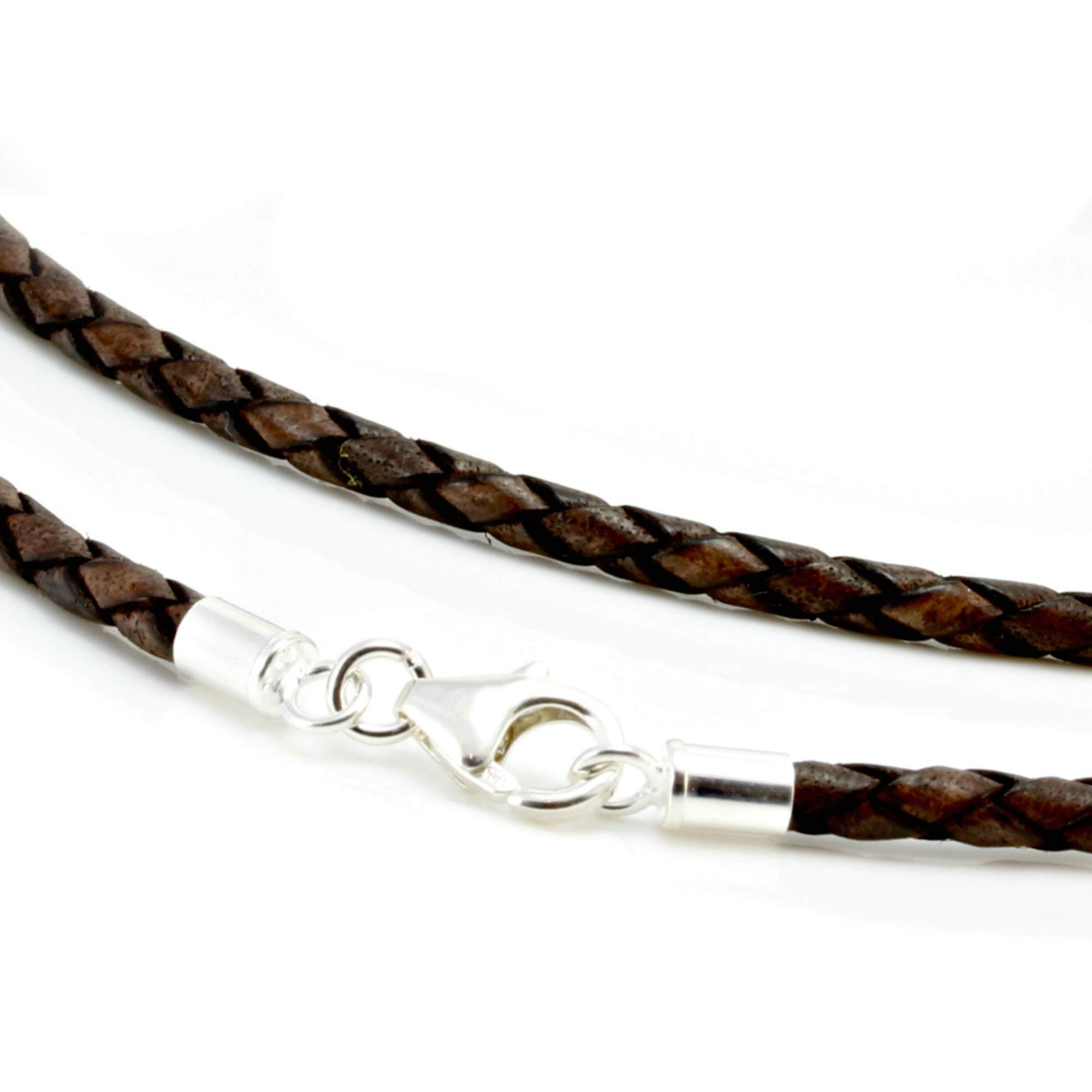 Antique Brown Leather Necklace with Sterling Silver Ends and Clasp-Genuine Braided Leather 16" - 30" Cord