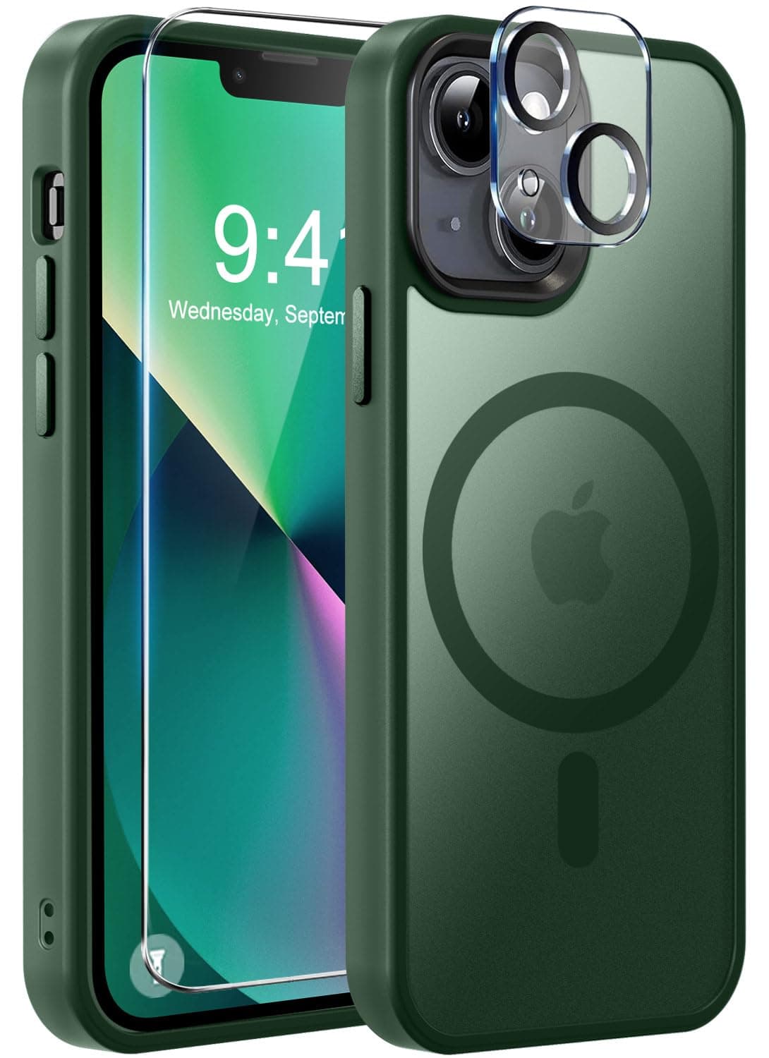 MOCCA Strong Magnetic for iPhone 13 Case, [Compatible with Magsafe][Screen Protector+Camera Lens Protector] Translucent Matte Back Slim Shockproof Case for iPhone 13 Phone Case 6.1", Midnight Green