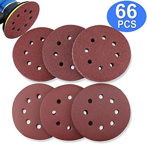 BonyTek 66 PCS 5 Inch 8 Hole Sanding Discs, 11 Discs Each of 40 60 80 120 180 240 Grits Hook and Loop Sander Sand Paper Assortment for Random Orbital Sander