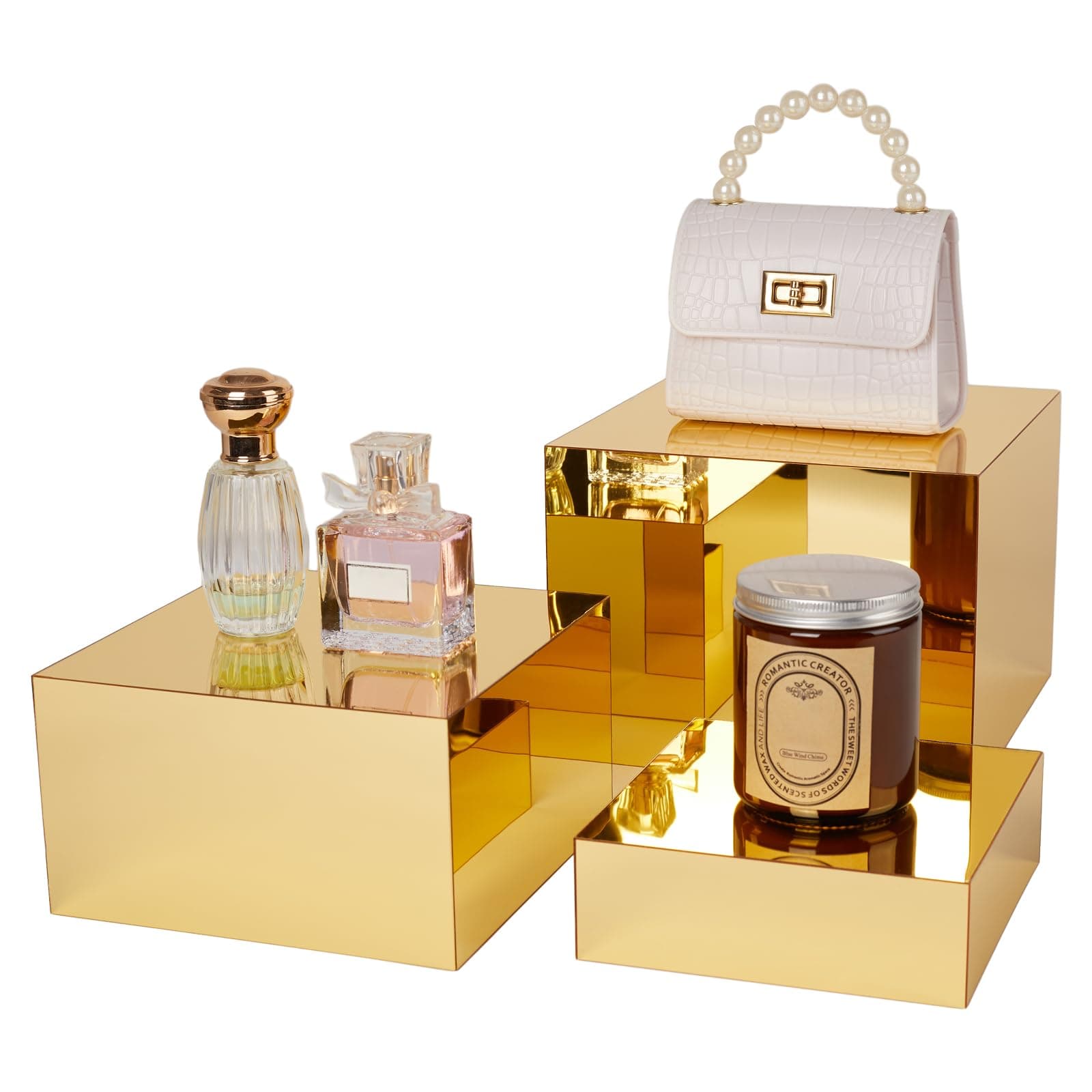 3 Pcs Gold Acrylic Risers Display Stands, Mirrored Nesting Cube Boxes Pedestal for Figures Collectibles, Jewelry Purse Wallet Showcase Blocks, Buffet Risers Food Display Catering Dessert Cake