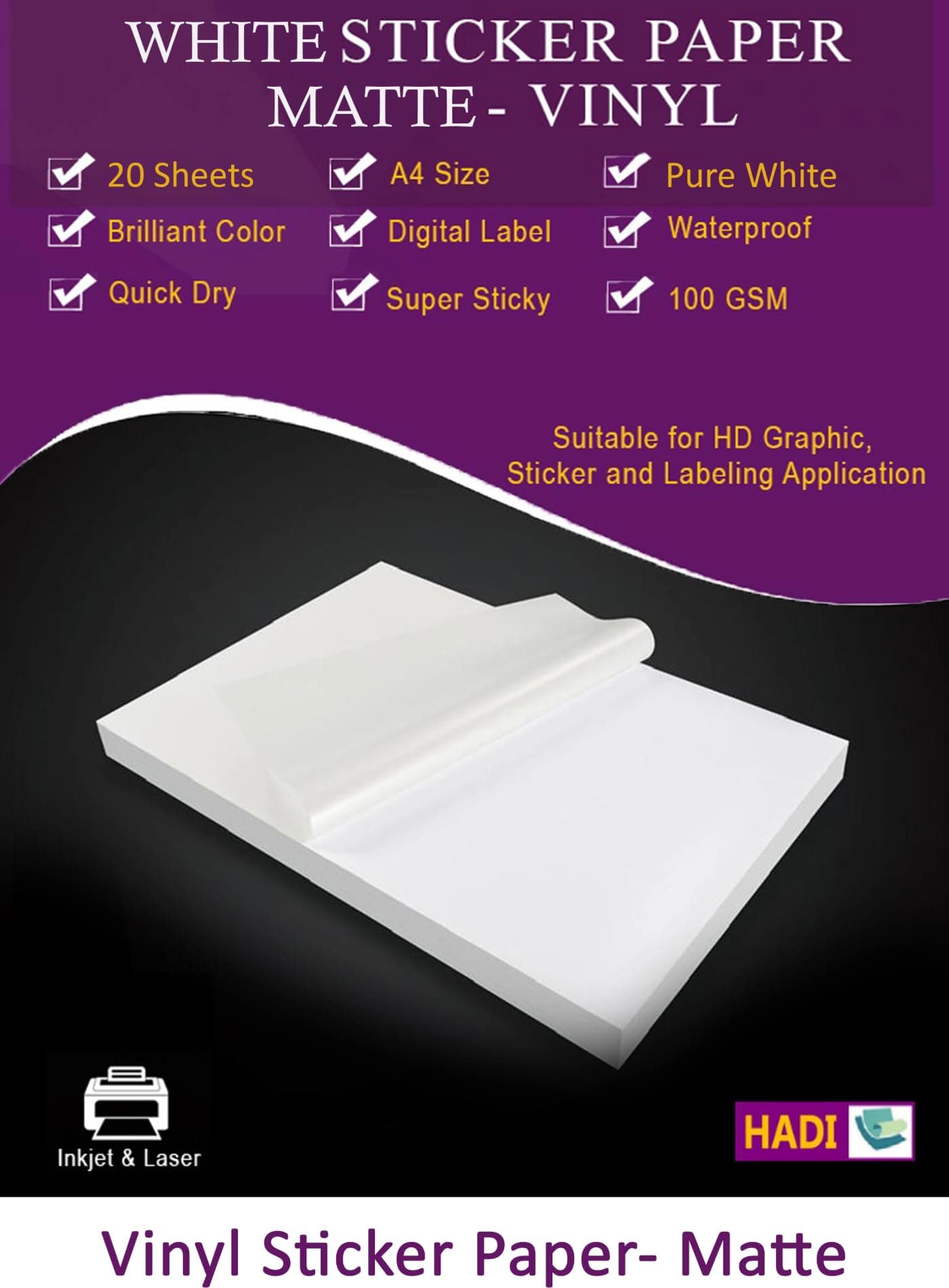 A4 White Matte Vinyl Sticker Paper Self Adhesive Labels- Premium Vinyl Sticker, Brilliant Color-Digital Label, Water Proof-Multi use A4 size 20 Sheets-Tear Resistant, Printable-Inkjet & Laser Printer
