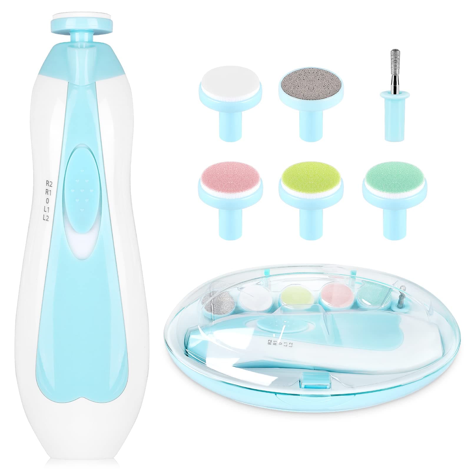 Baby Electric Nail File, 8 in 1 Safe Baby Nail Trimmer, Baby Nail Clippers with 6 Grinding Heads and Light, Baby Nail Care Kit for All Ages (Blue)