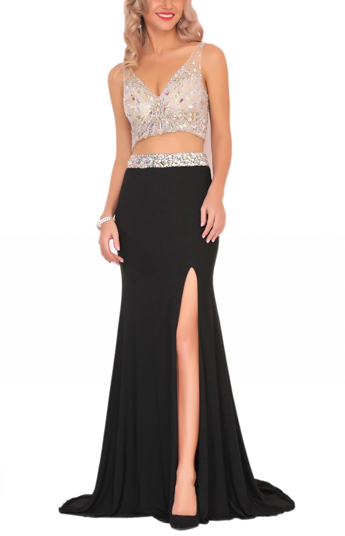 Miss Chics Women Prom Dresses Long Formal Evening Gown Side Slit Two Piece Black