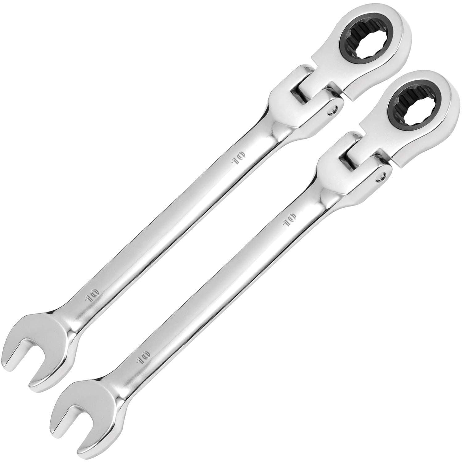 KINJOEK2 PCS 10mm 12PT Flex Head Ratchet Wrench, Metric Ratcheting Wrench Set with 5° Movement and 72 Teeth for Projects with Tight Space