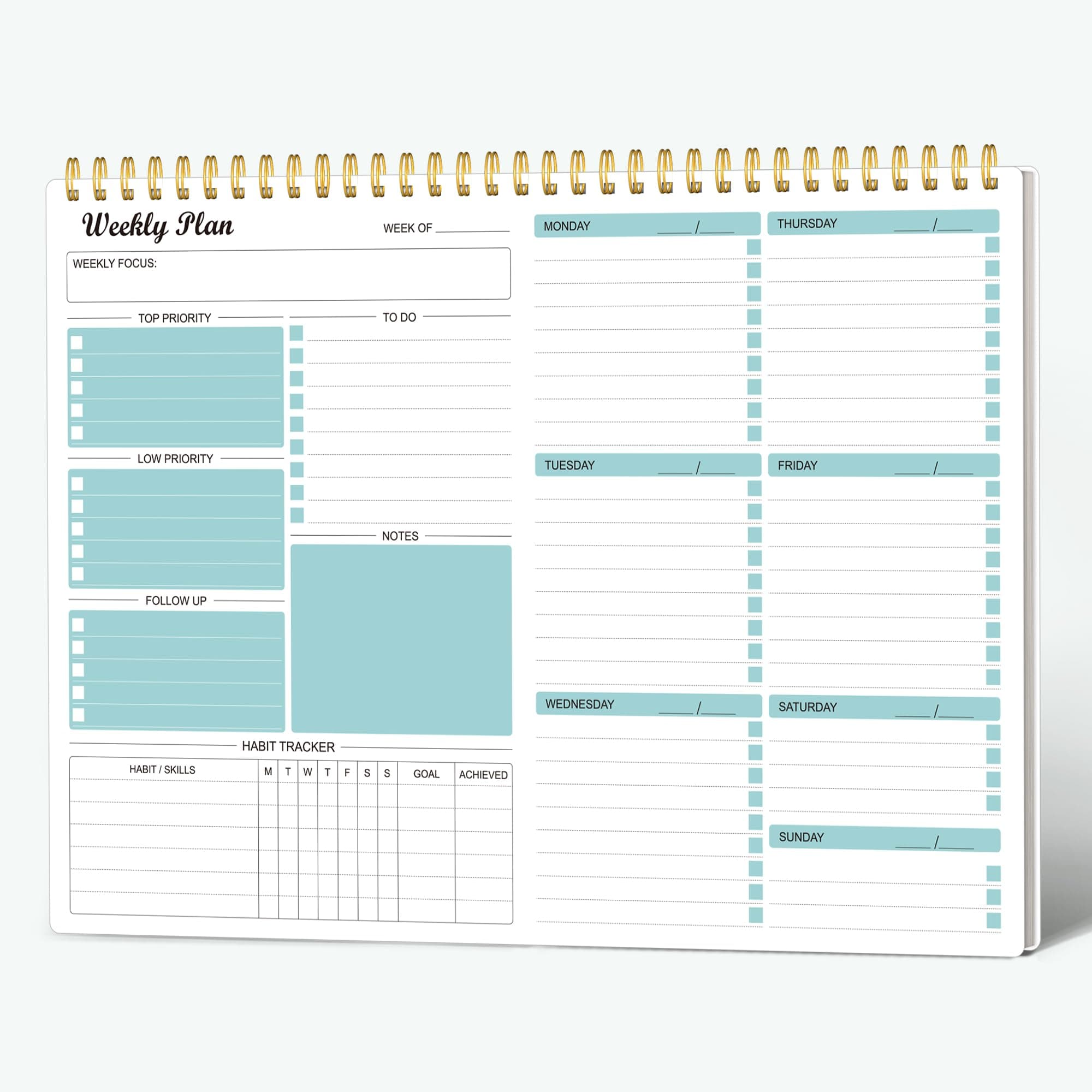 Weekly Planner Undated Weekly Goals Schedule Planner with Spiral Binding To Do List Notebook Calendars Organizers Habit Tracker Journal (Teal, A4-Weekly Planner)