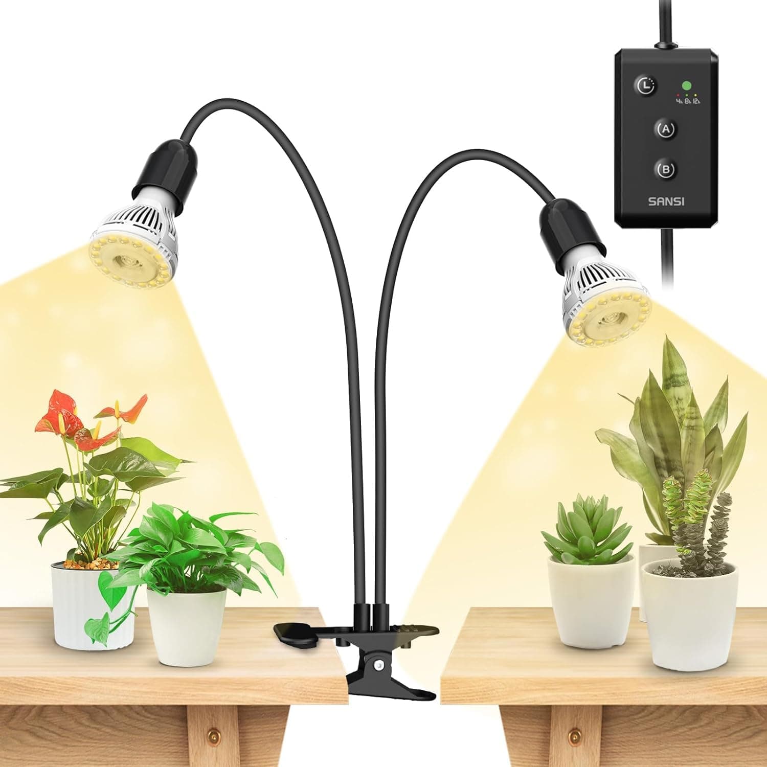 "SANSI- LED Grow Lights for Indoor Plants, Lifeless Bulb Replacement, 300W Full Spectrum with Double Gooseneck Clip, Light