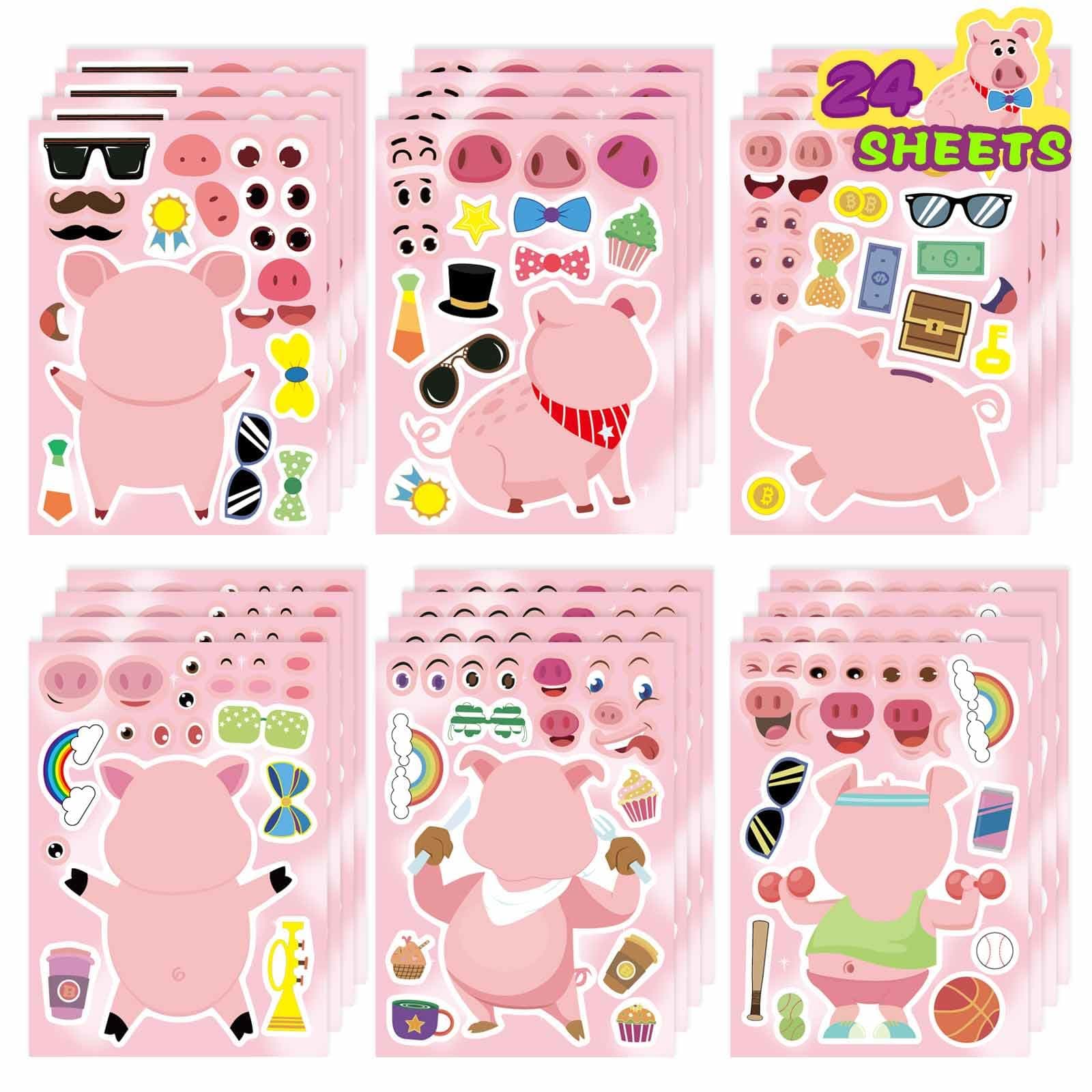 24PCS Pig Stickers for Kids Toddlers, Make-a-face Stickers, Make You Own Kawaii Pink Piggy Stickers Cute Animal Stickers for Brithday Party Favor Supplies Gifts, Teacher Classroom Reward