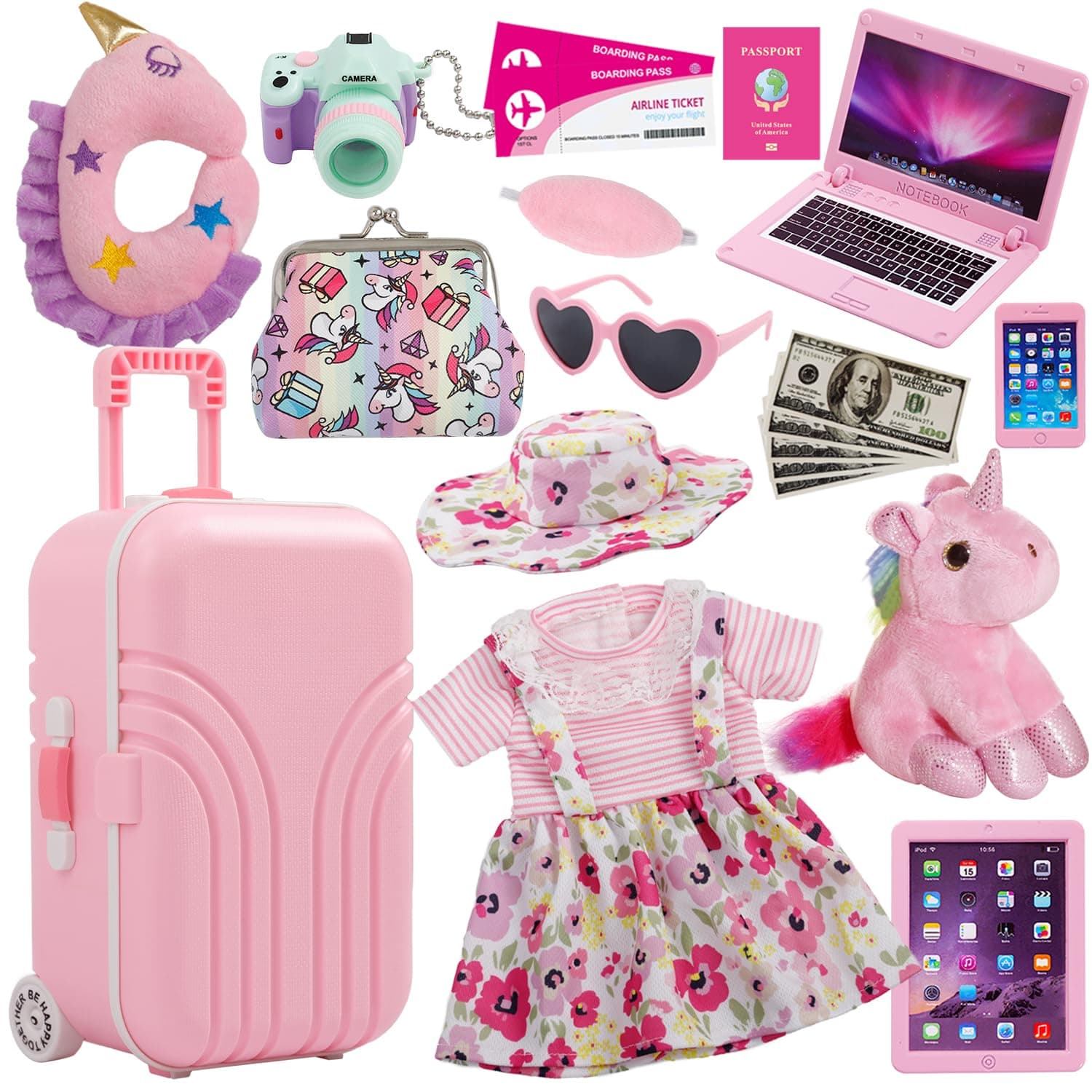 18 Inch Doll Suitcase Travel Luggage Play Set - Clothes Accessories, Travel Carrier Storage, Case, Hat, Sunglasses, Camera, Pillow, Toy Pet, and More