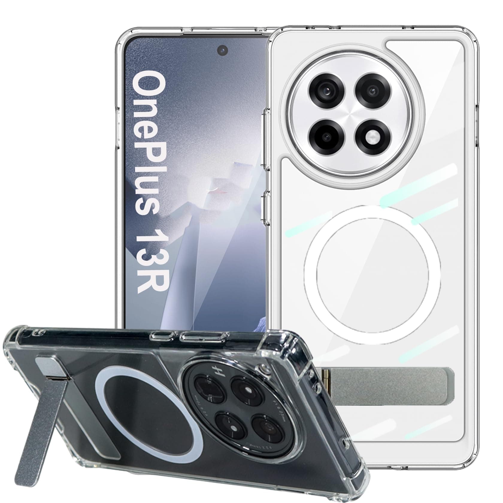 for OnePlus 13R Case with Stand, Strong Magnetic Compatible with MagSafe, Built-in Metal Kickstand, Thicken Bumper Frame Military Grade Protection Phone Cover for One Plus 13R (Clear)