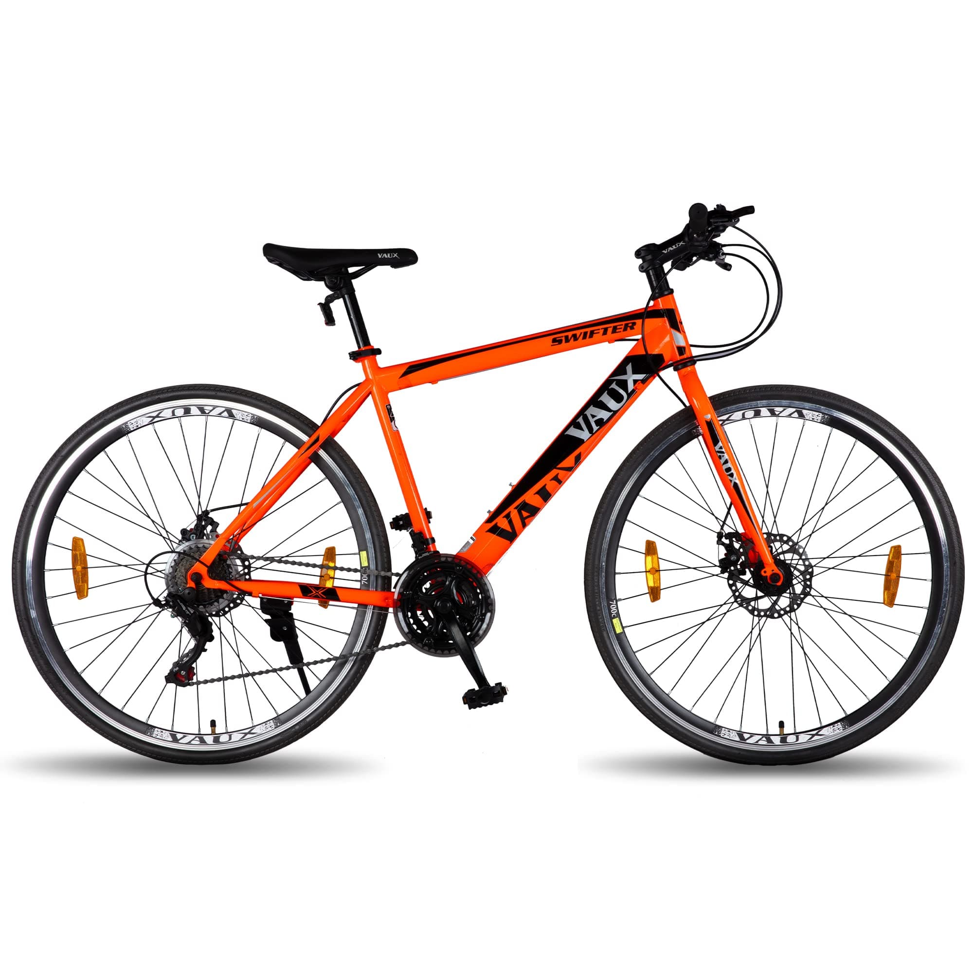 Vaux Swifter-Pro Hybrid Cycle for Men with Dual Disc Brake, 21 Speed Gear Cycle with Hi-Ten Steel Frame, Alloy Rims & 700Cx35 Tyres (Orange)