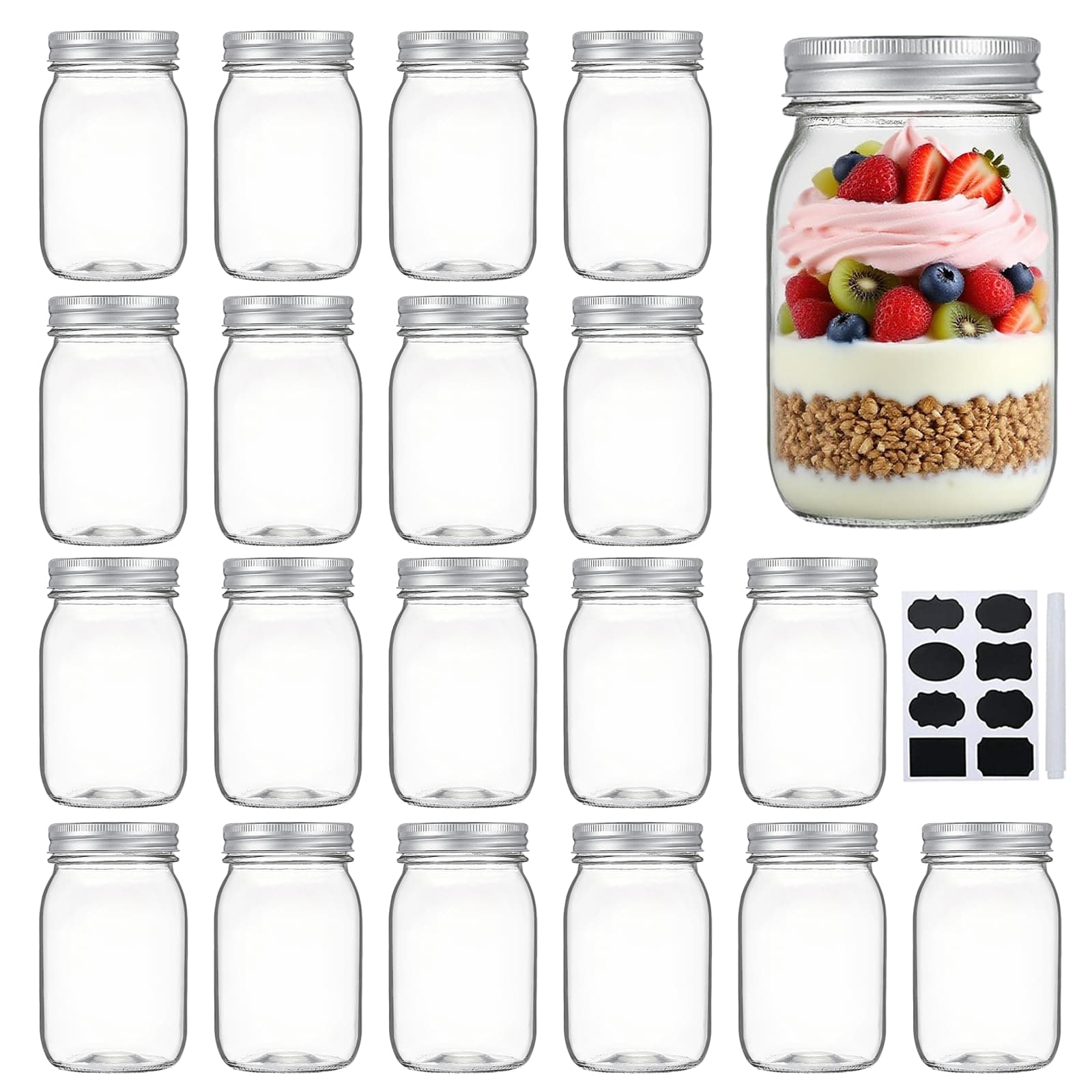 Accguan Mason Jars,Glass Jars With Lids 12 oz,Canning Jars For Pickles And Kitchen Storage,Wide Mouth Spice Jars With Silver Lids For Honey,Caviar,Herb,Jelly,Jams,Set of 20