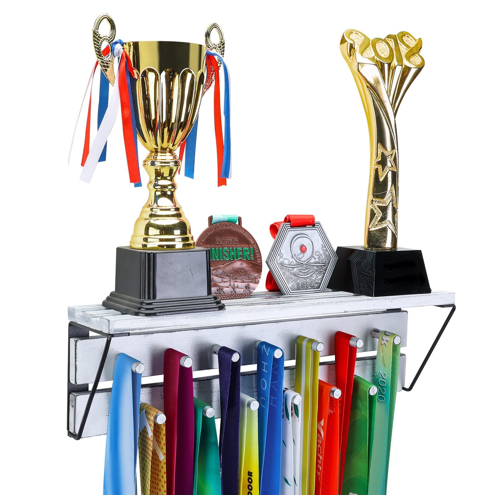 Rustic Wood Medal & Trophy Wall Mount Display Rack - Shelf, Holder and Hanger