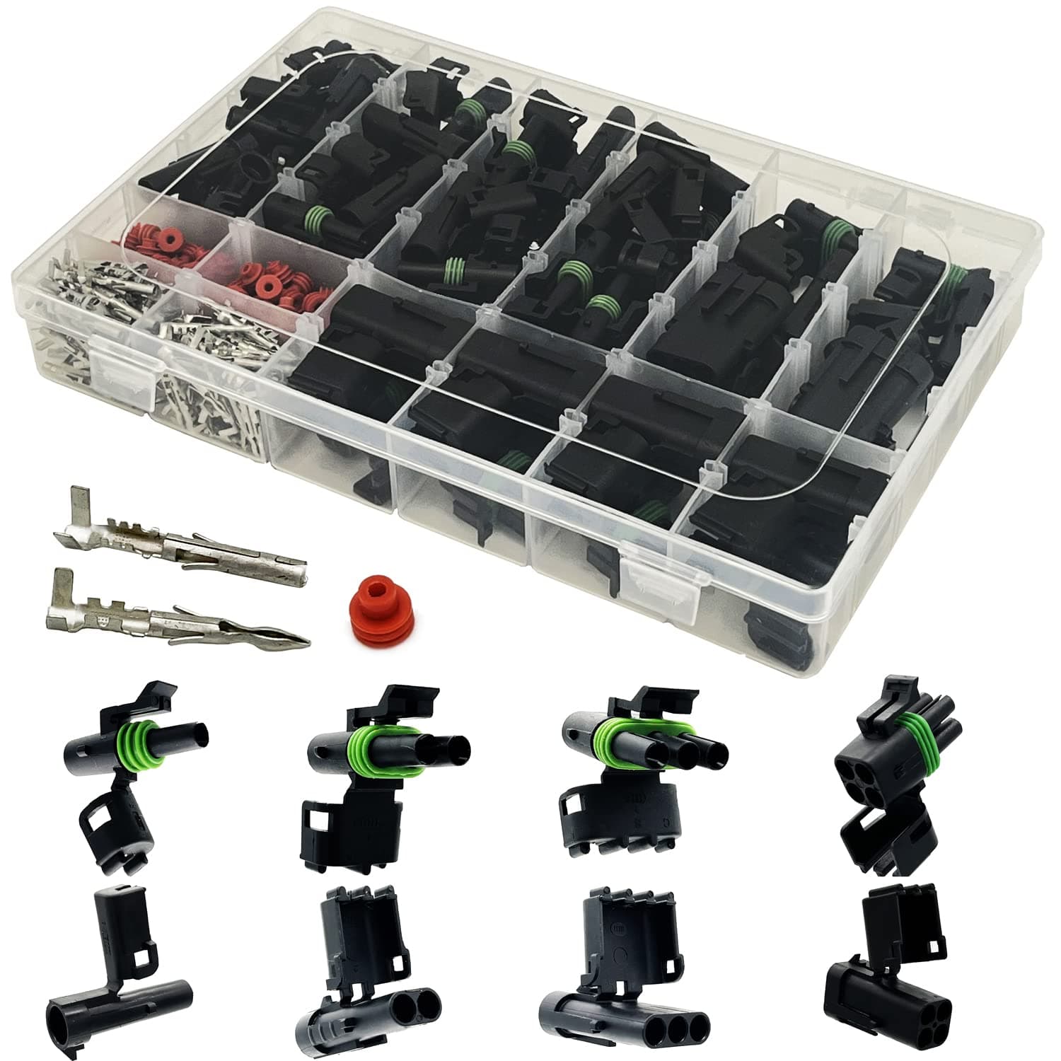 26 Kits Weather Pack Connectors Kit Automotive Electrical Connectors Waterproof Electrical Wire Connectors Terminal Kit 1/2/3/4 Pin 18-14 AWG