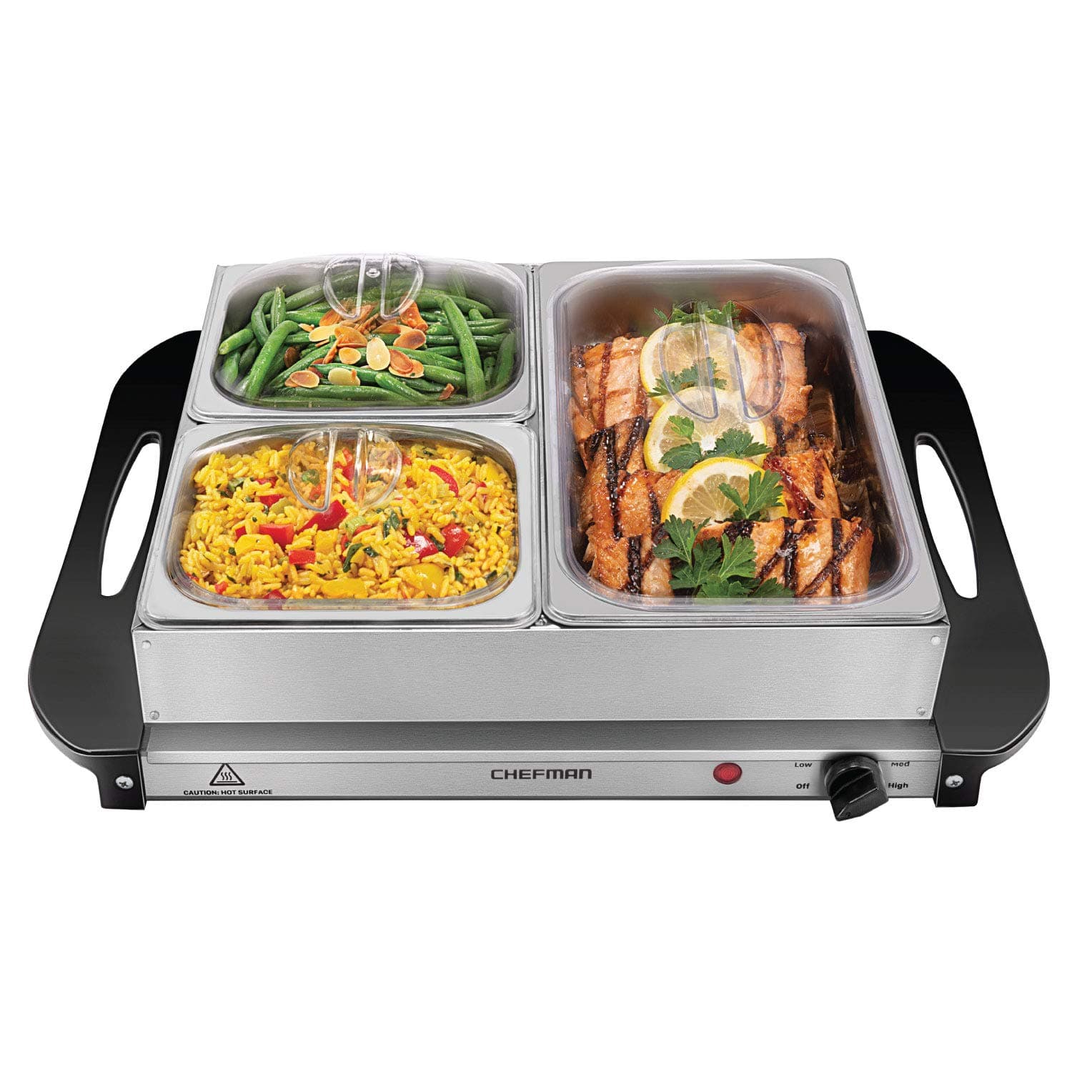Electric Buffet Server + Warming Tray w/Adjustable Temperature & 3 Chafing Dishes, Hot Plate Perfect for Holidays, Catering, Parties, Events & Home Dinners, 14" x 14" Surface, Stainless Steel