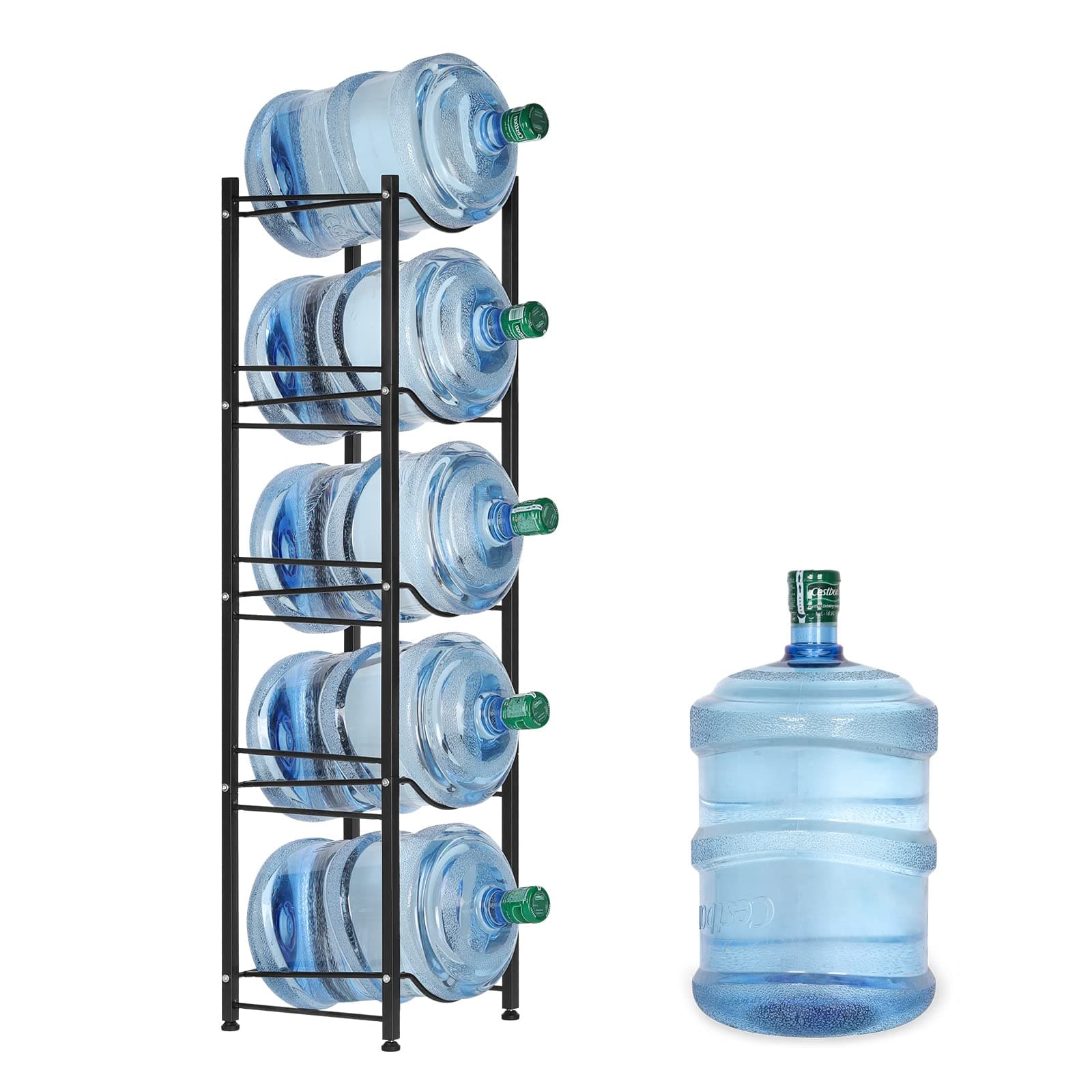 HEOMU 5 Gallon Water Jug Rack, 5-Tier Water Bottle Holder Storage Rack, Water Jug Organizer for Kitchen,Office,Garage, Dark Black