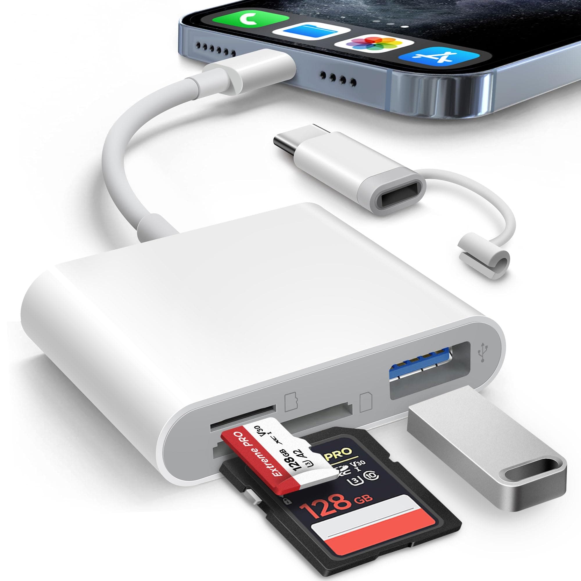 SD Card Reader for iPhone iPad, Dual Lightening & USB-C Connector SD Card Adapter with SD MicroSD USB-A 3 Slots, Trail Game Camera Memory Card Viewer, Portable No App Required Plug and Play