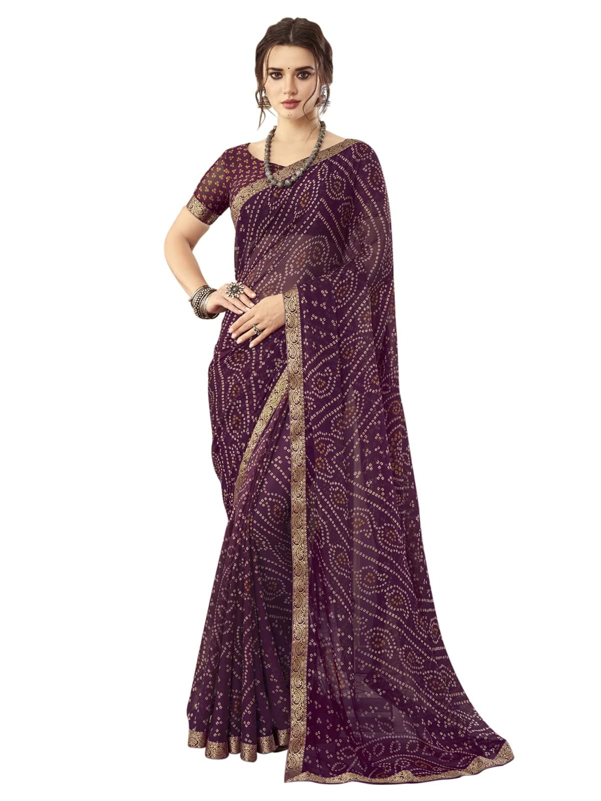 SIRILWomen's Bandhani Printed & Lace Chiffon Saree with Blouse