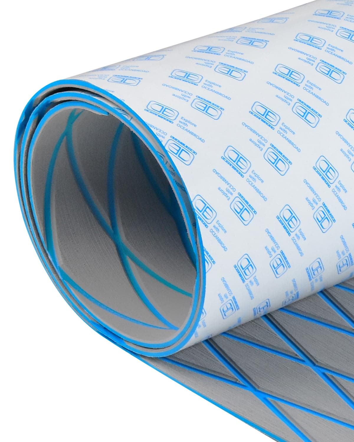 OCEANBROAD Self-Adhesive 96''x28'' Diamond Pattern Boat Flooring EVA Foam Marine Boat Decking Sheet Non-Slip Mat for Jon Motor Boats Yacht Helm Pad RV Floor, Gray with Blue Seam Lines