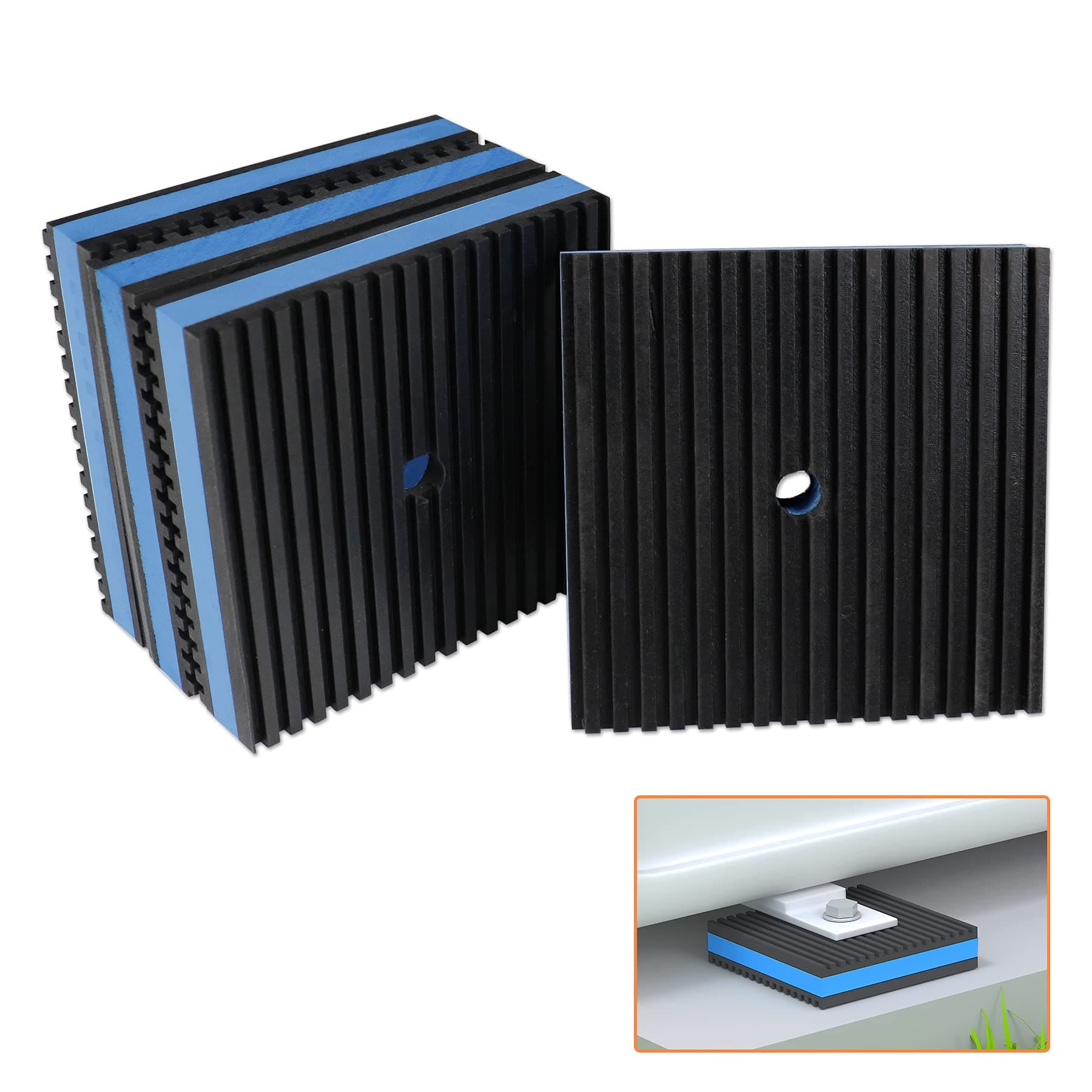 GCGOODS Rubber Anti-Vibration Pad, 4" x 4" x 7/8" Heavy Duty Ribbed Rubber with Blue EVA Center Isolation Pads for HVAC, Air Compressor, Treadmill, Washer and Dryer, Air Conditioner Units, Pack of 4