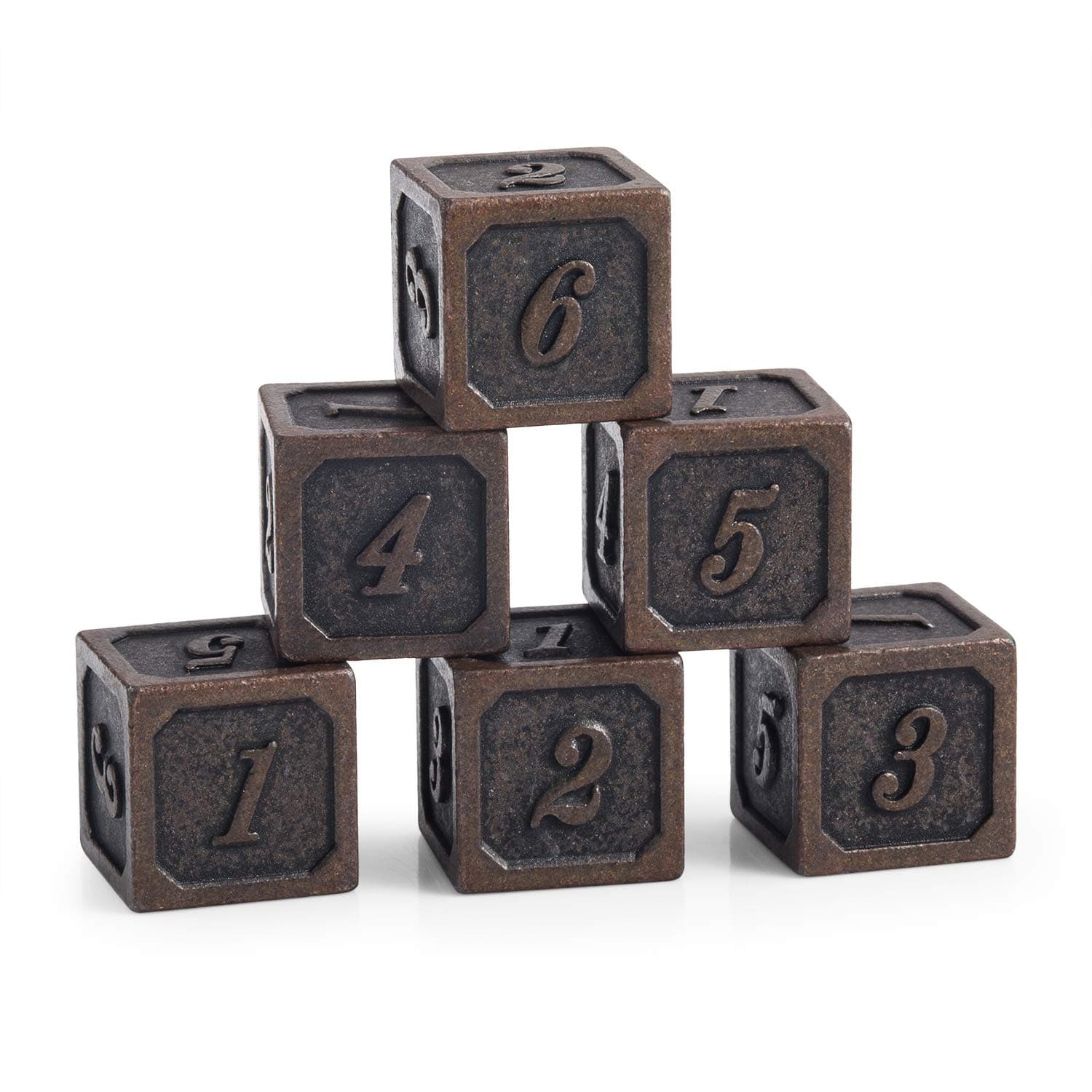 DNDND Ancient Copper D6 Metal Dice Set, 6 Pieces Six Sided Solid Metallic Dice with Free Black Velvet Bag for D&D Pathfinder Shadowrun or GURPs