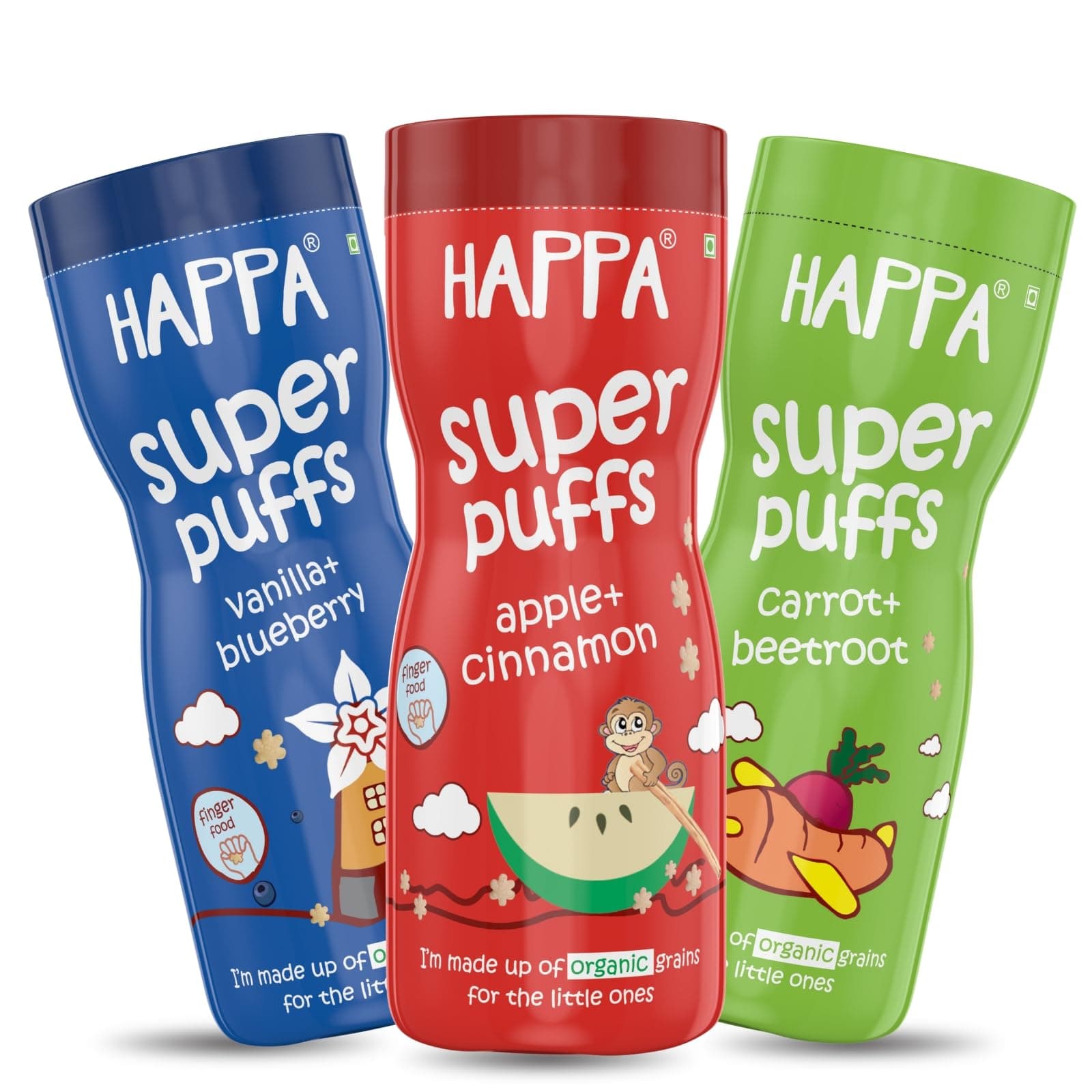 Happa Vanilla Blueberry and Carrot Beetroot and Apple Cinnamom Baby Puffs | Melt-in-the-Mouth Finger Food for Babies | Supports Self-Feeding & Baby-Led Weaning | No Artificial Flavours or Colours | Stage 2 (8 Months+) | Pack of 3 (40g Each)