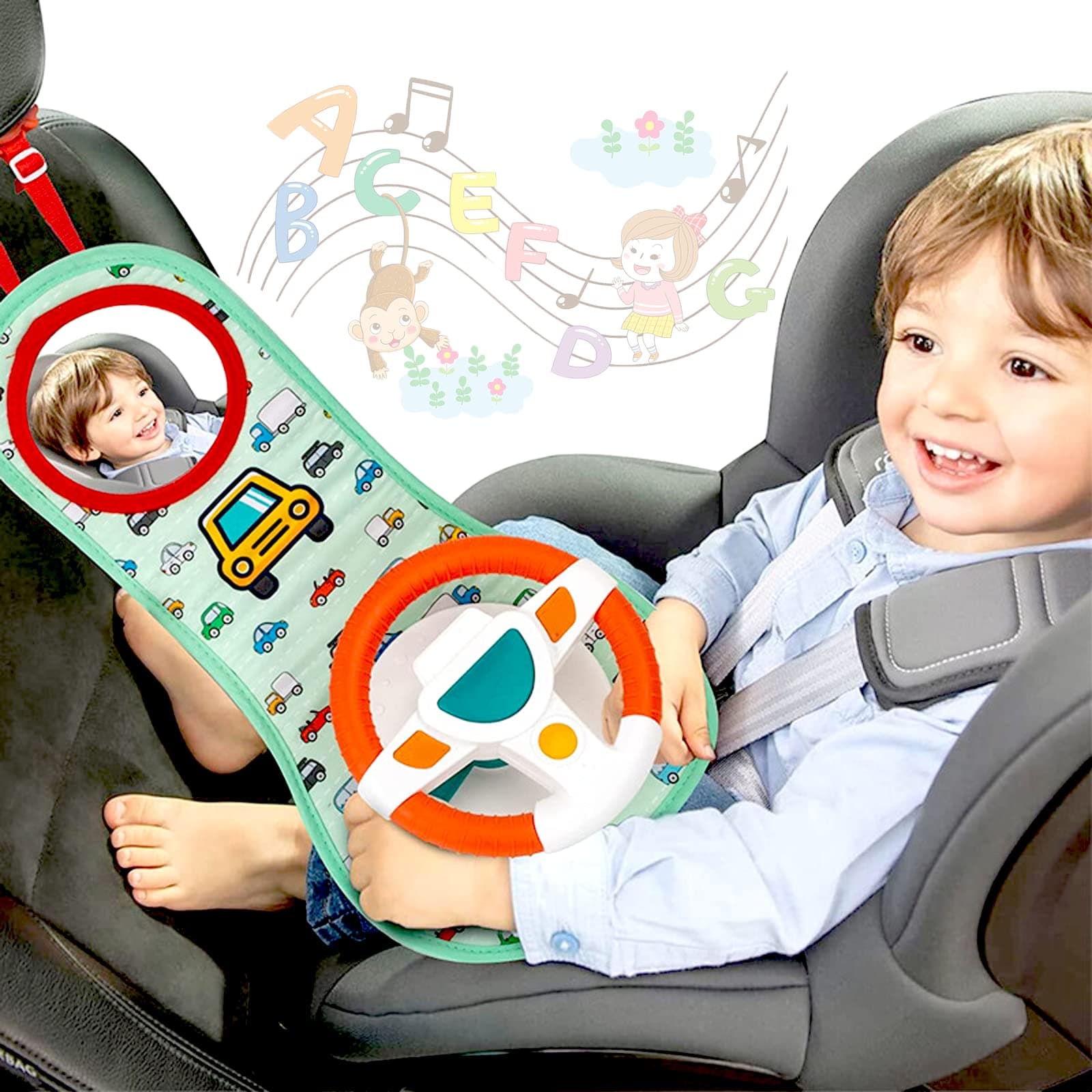 Baby Car Seat Toys for Infants with Mirror, Steering Wheel, Music Lights, Driving Sounds - 6-12 Months