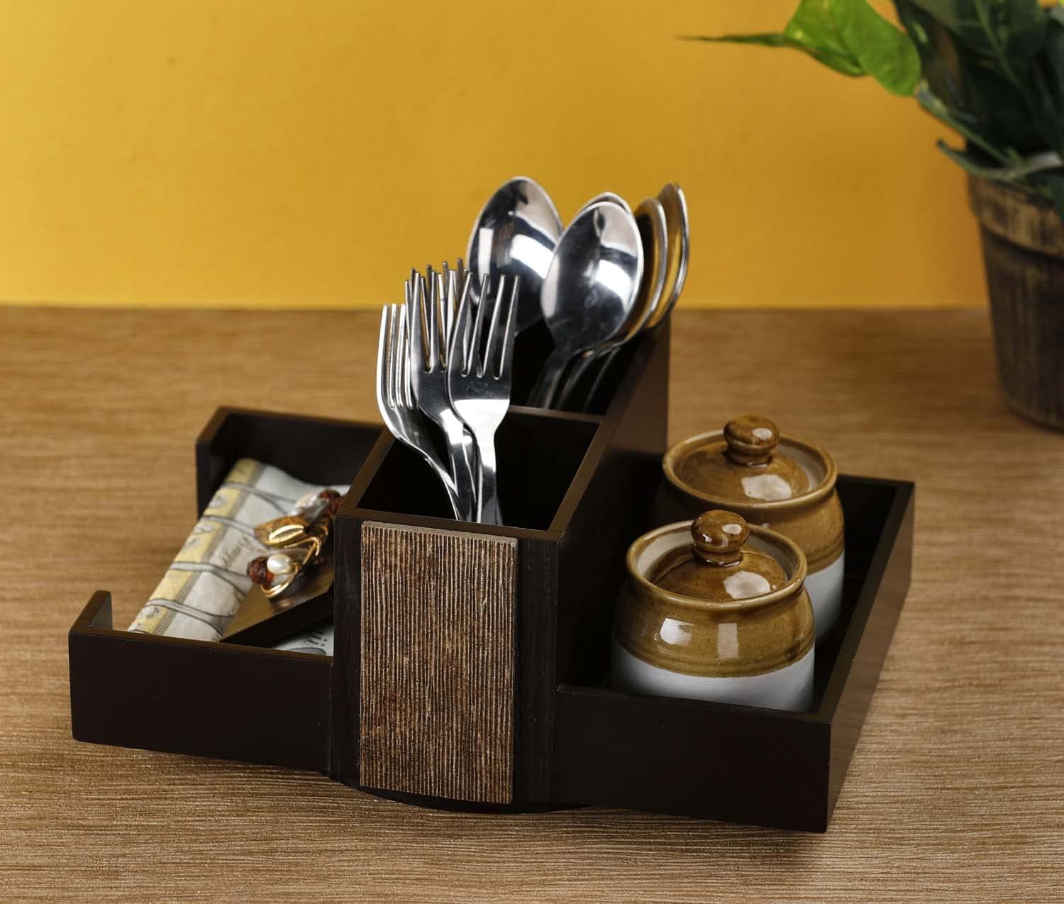COCKTAIL Designer Wooden MDF Achaar Dining Table Organizer Multiuse Cutlery Holder Napkin Stand Tissue Slot Compact Rotating Spoons and Forks Holder Stand-Brown/Gold (Revolving Aachar Organizer)