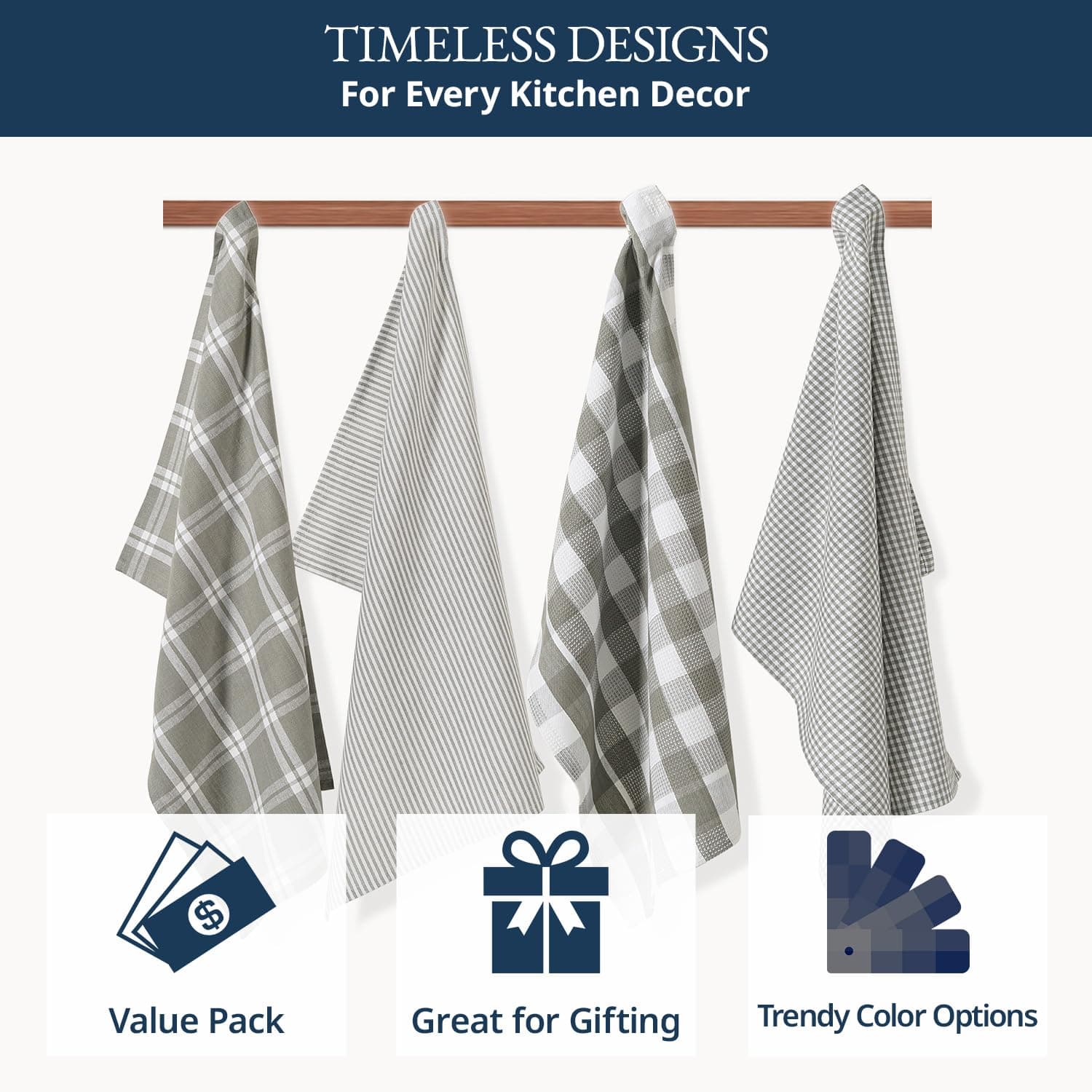 LANE LINEN Kitchen Towels Set - Pack of 4 Cotton Dish for Drying Dishes, 18 x 28 , Hand Towels, Tea Kitchen, Quick Towel Slate Grey