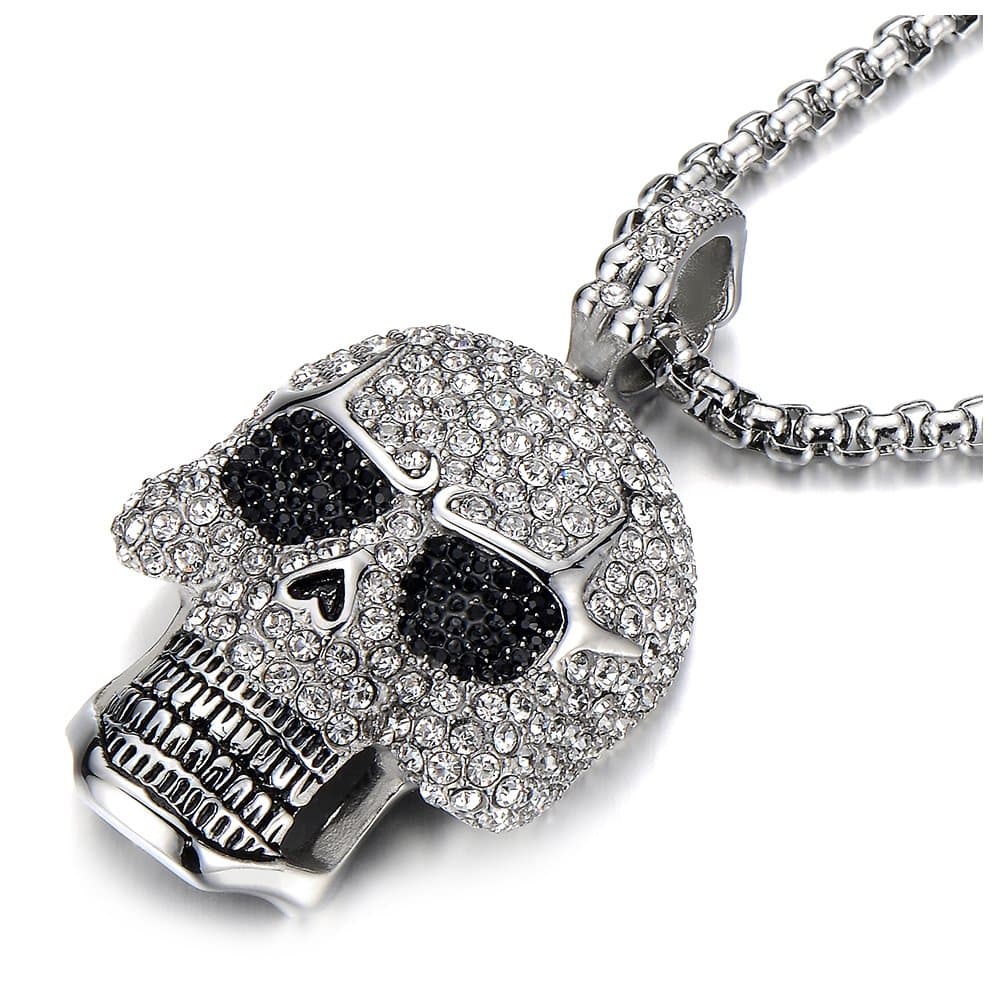 Steel Large Sugar Skull Pendant Necklace for Men Women with Cubic Zirconia and Wheat Chain