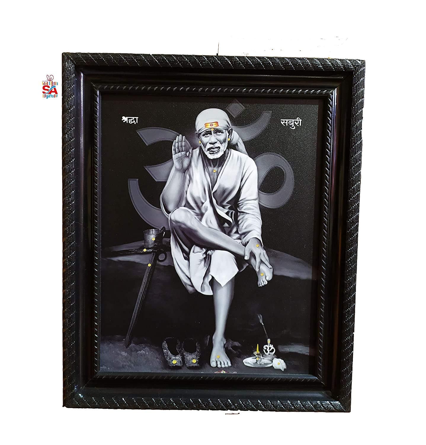 Sai Amrut Gifts Shirdi Baba Wall Hanging Matte Finish Wooden Photo Frame for Home Decor (Black and White_8 x 10 Inch)