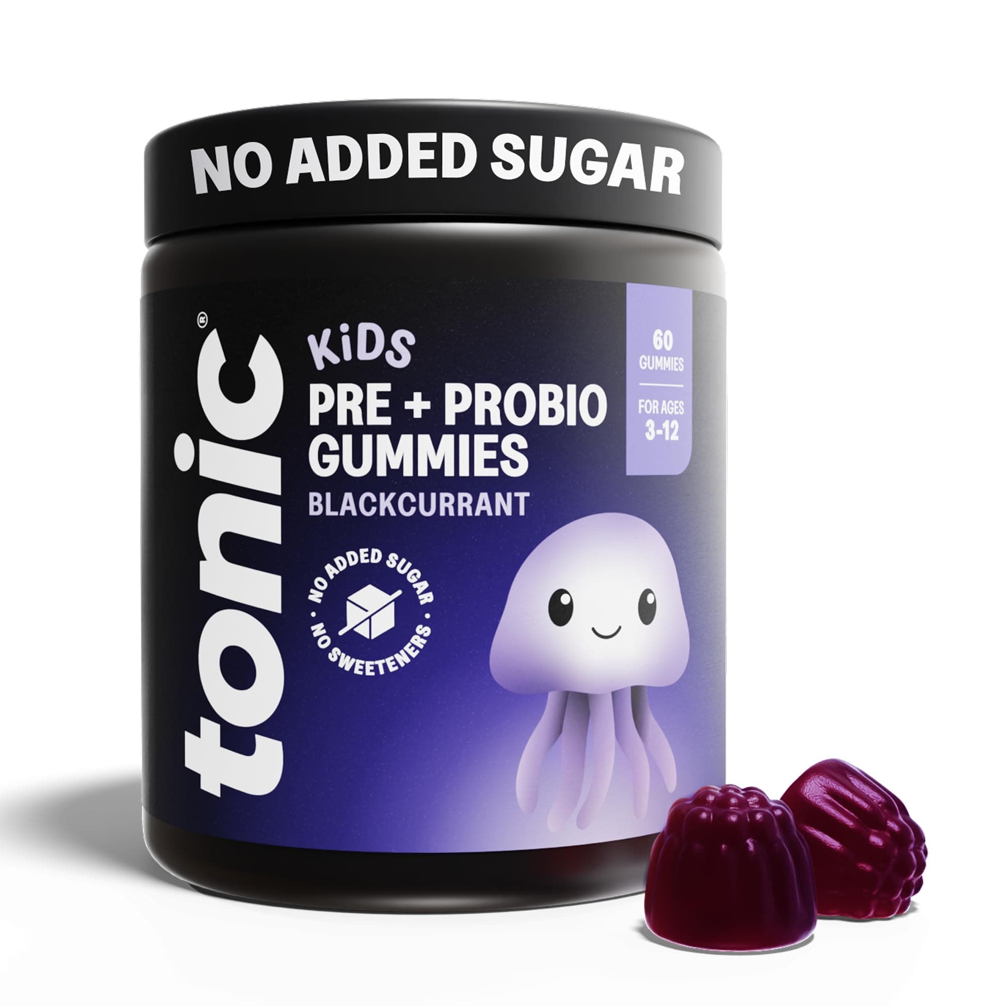 Tonic Health Kids Probiotic Gummies - 2 in 1 Prebiotics & Probiotics for Kids, No Added Sugar, Digestive System, Gut Health, Immune System, Ages 3-12, Vegan, Blackcurrant, Month Supply (60 Count)