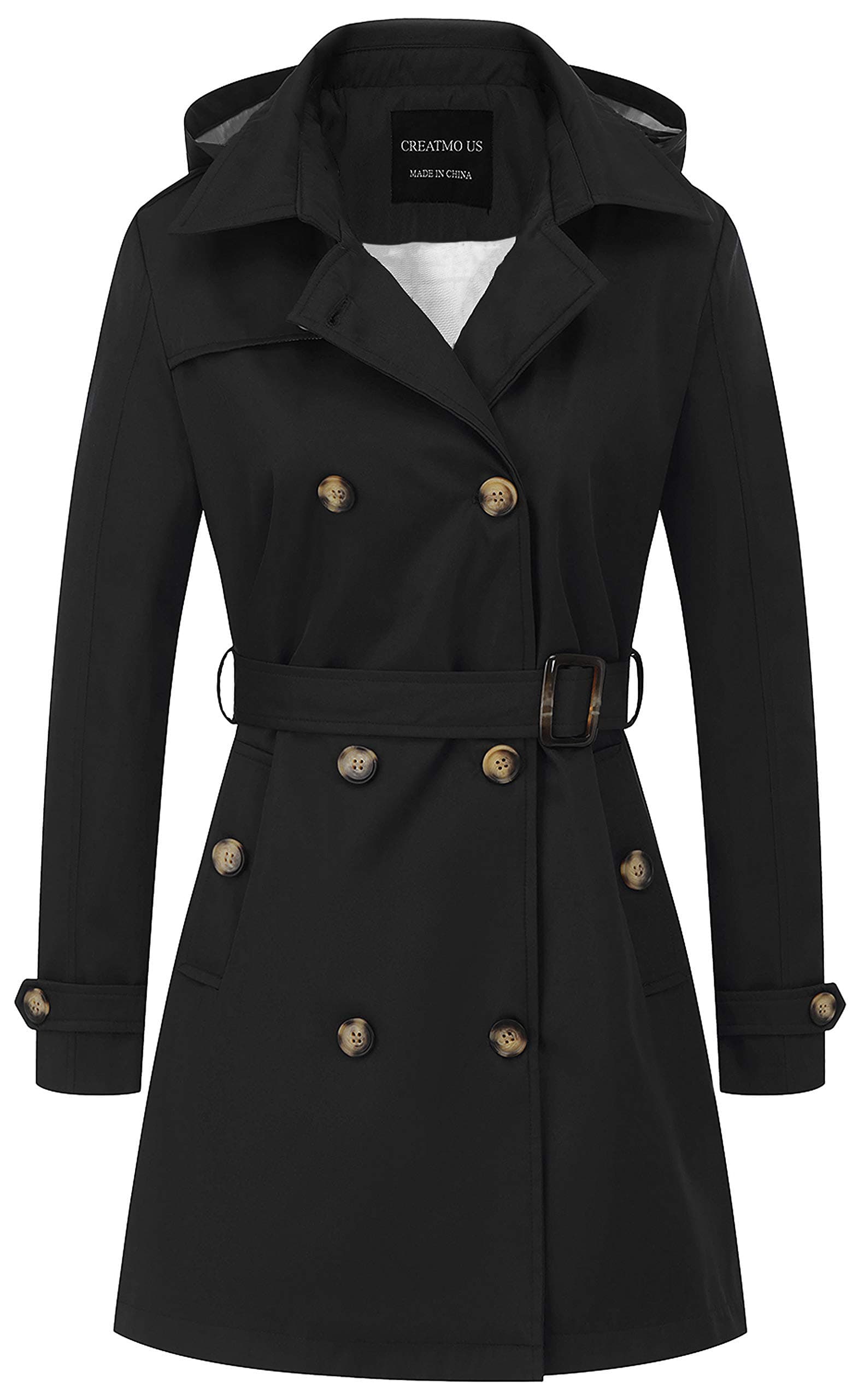 Women's Trench Coat Double-Breasted Classic Lapel Overcoat Belted Slim Outerwear Coat with Detachable Hood