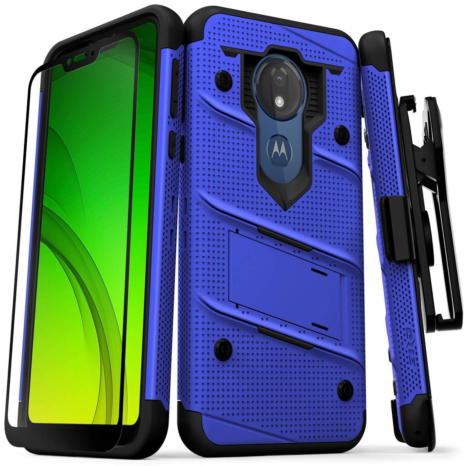 Zizo Bolt Series Compatible with Moto g7 Supra Case Military Grade Drop Tested with Full Glass Screen Protector Holster Kickstand g7 Power Blue Black