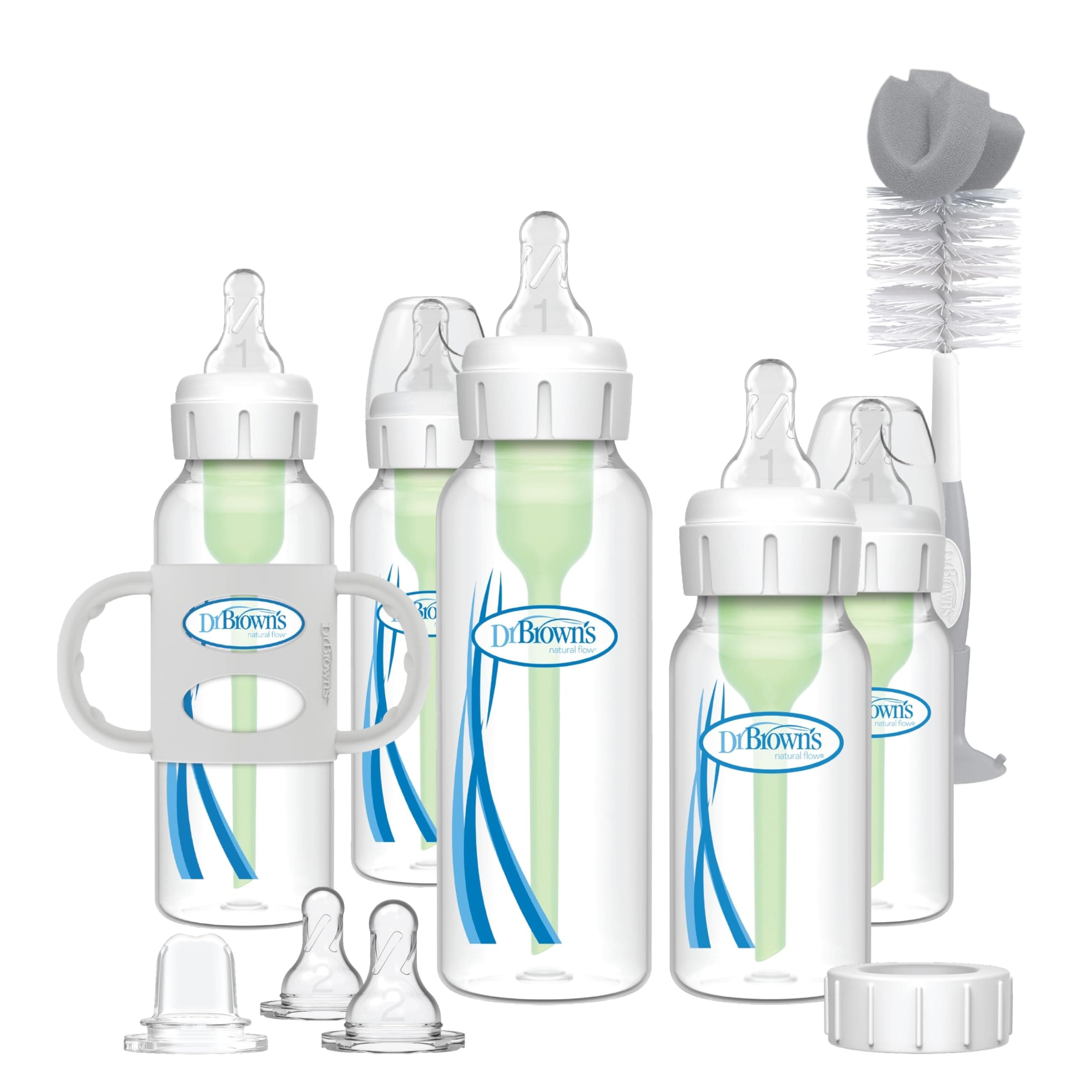 Natural Flow® Anti-Colic Options+™ Narrow Bottle to Sippy Gift Set with Soft Silicone Sippy Spout, Removable Silicone Handles, Travel Cap and Bottle Brush