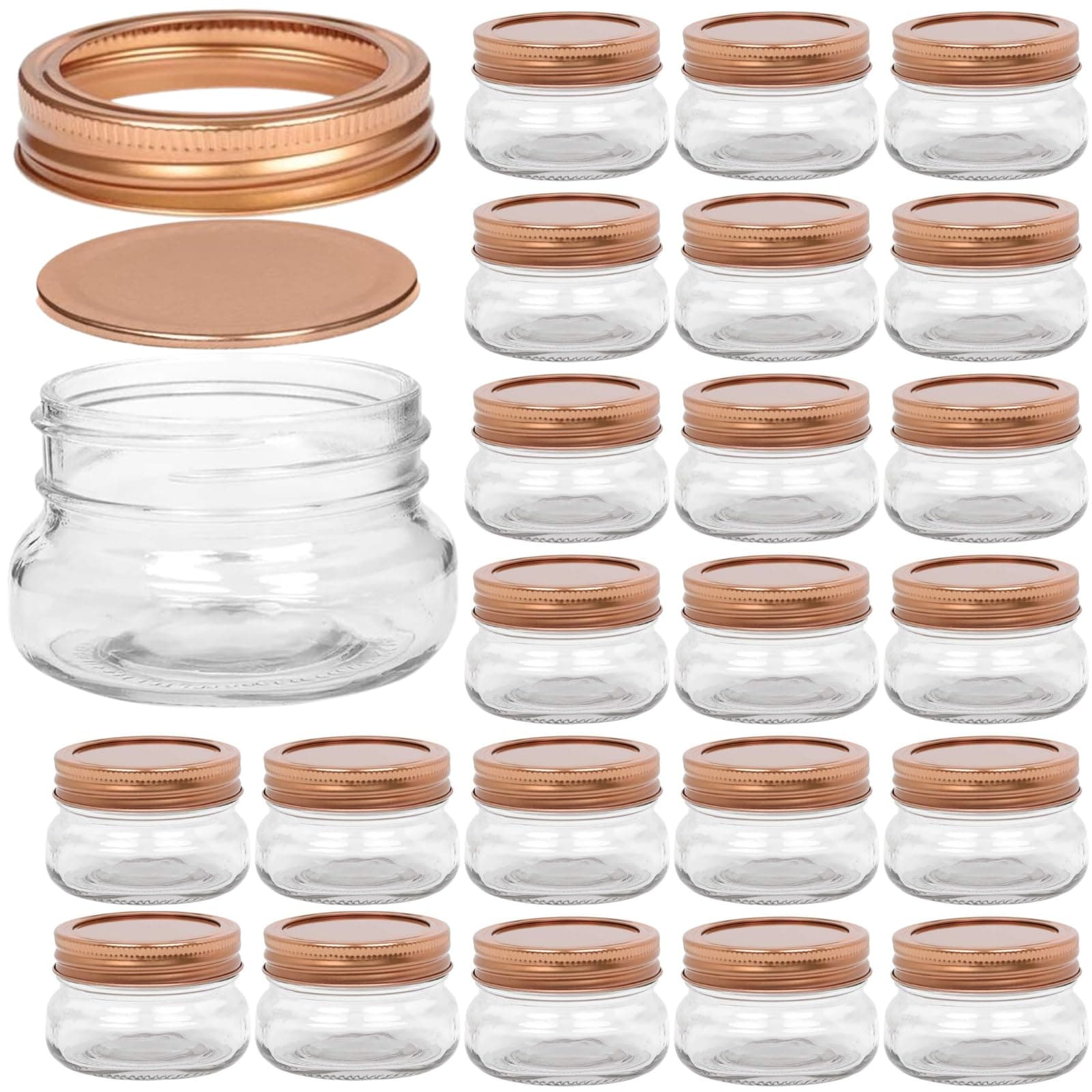 Set of 24-4OZ Mason Jars With Regular Lids Rose Gold Edition - Ideal for Body Scrubs, Lotions, Jam, Honey, Wedding Favors, Shower Favors, Baby Foods, 30 Whiteboard Labels Included